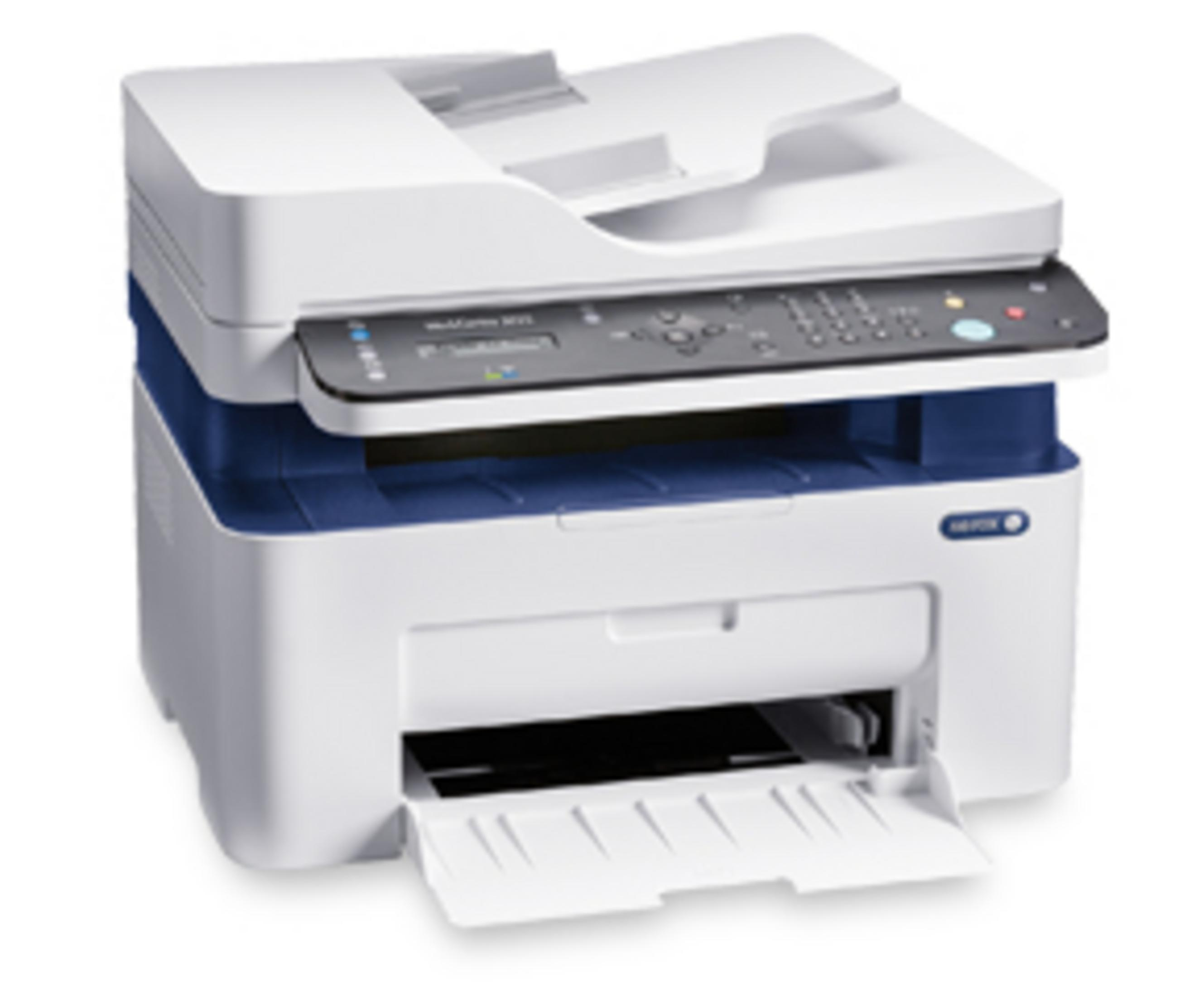 Una stampante multifunzione Xerox bianca e blu su sfondo bianco.