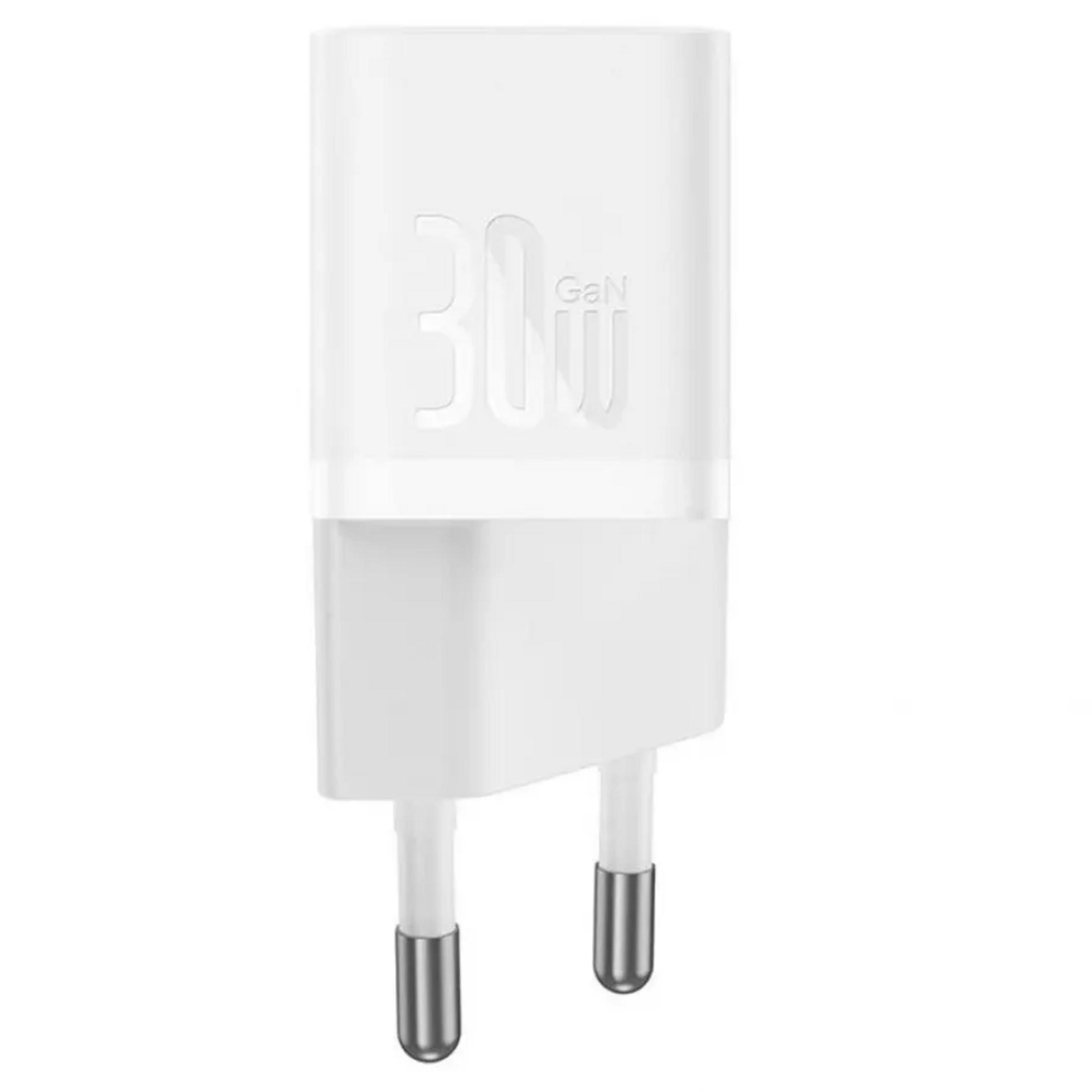 Un caricatore bianco GaN da 30W con due pin metallici.