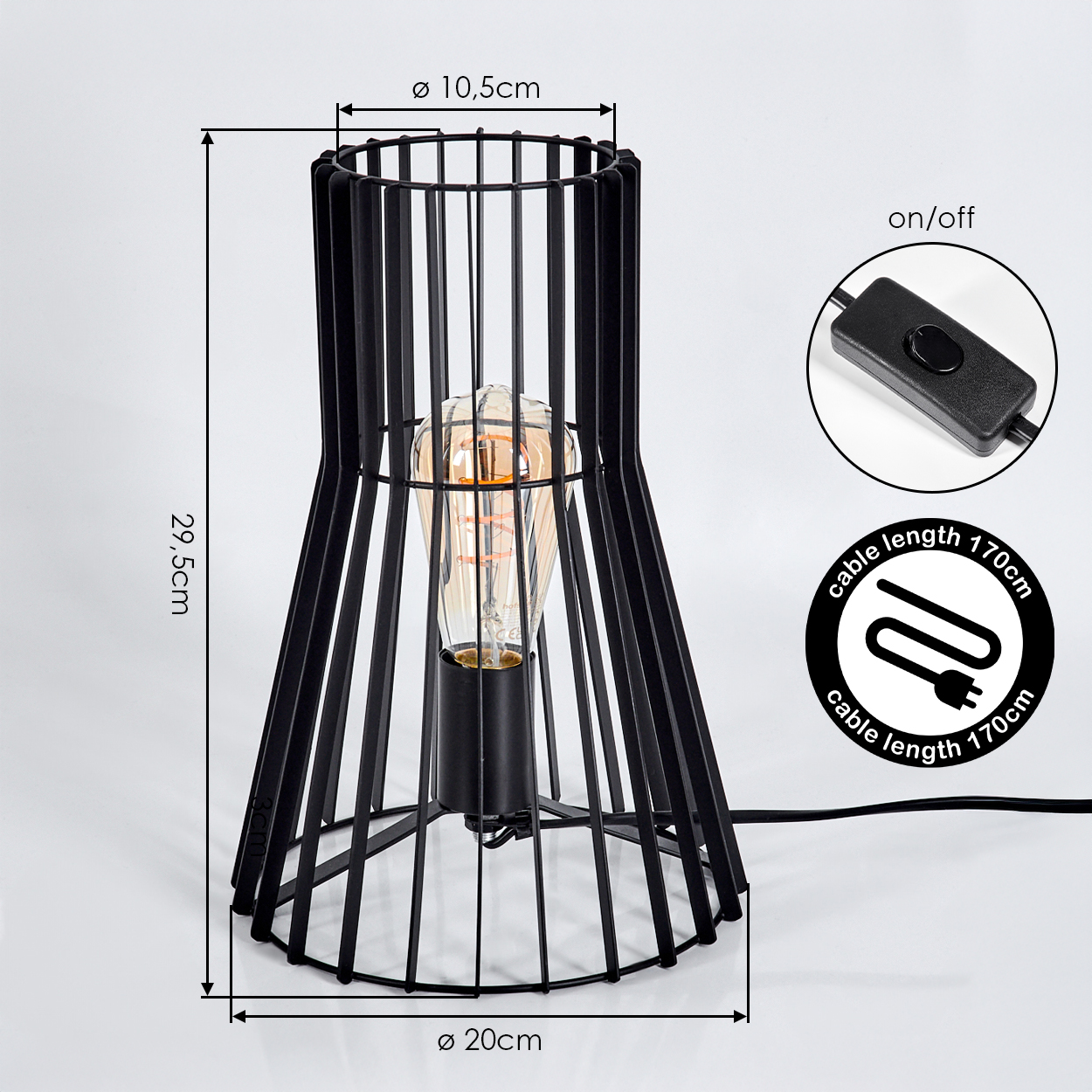 Schwarze Tischlampe mit Gitterdesign, Glühbirne und Kabel (170cm).