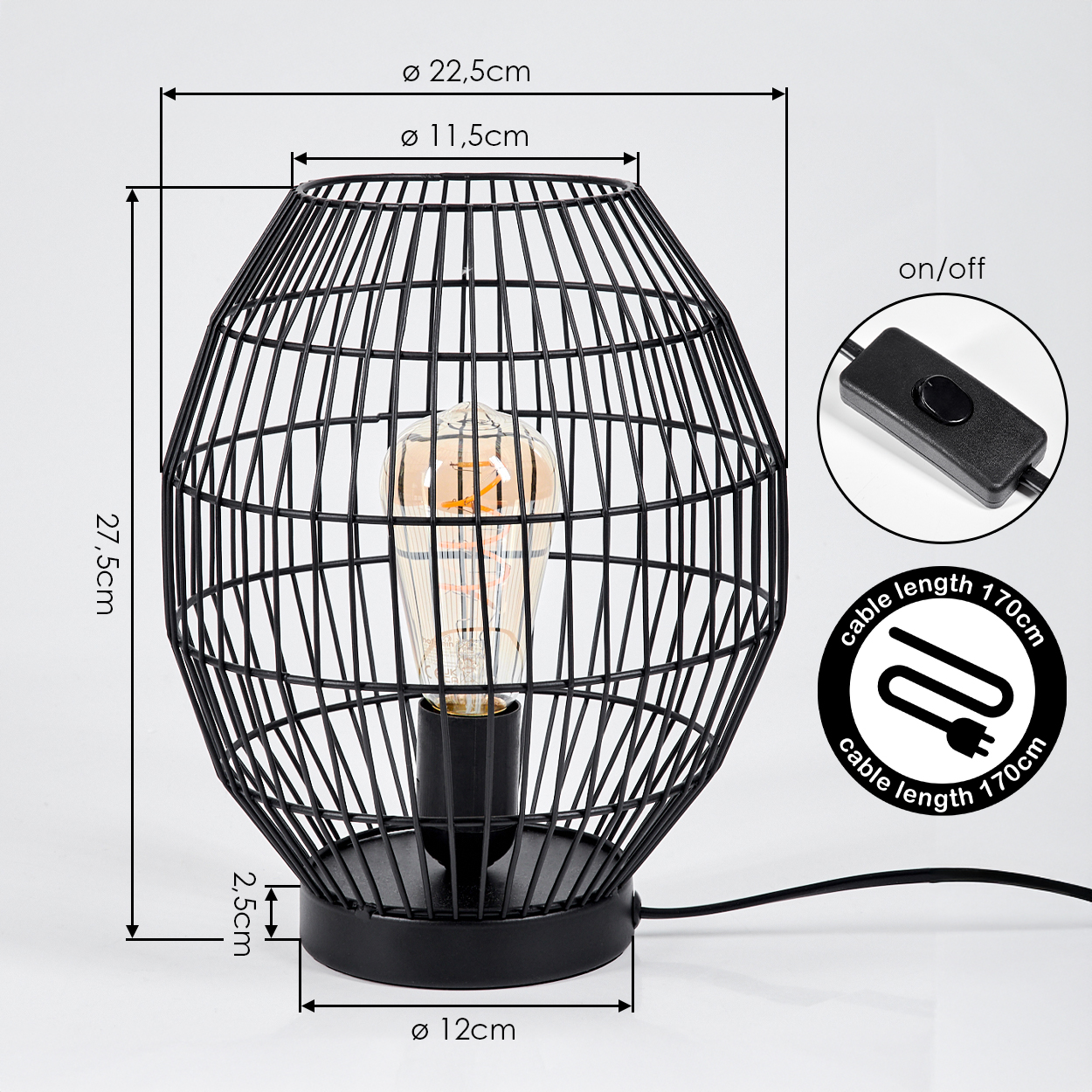 Schwarze Drahtkorblampe mit Edison-Glühbirne, Maße und Schalter sind angezeigt.