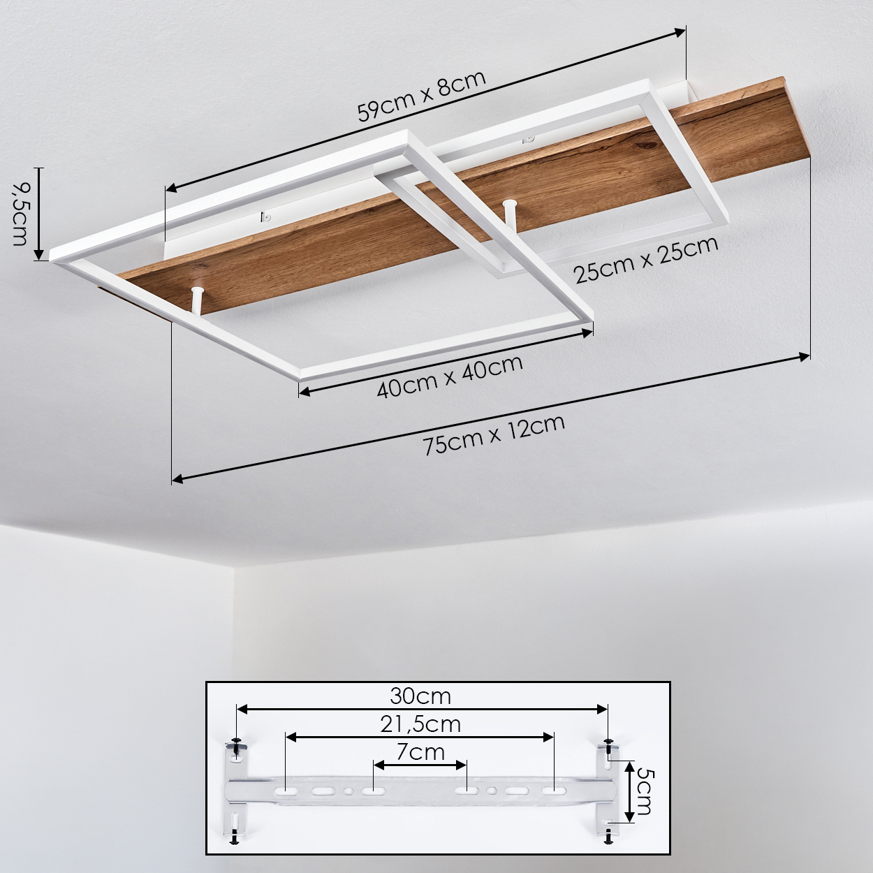 Ein rechteckiger Deckenleuchter mit Holz und weißem Rahmen, Maße angegeben.