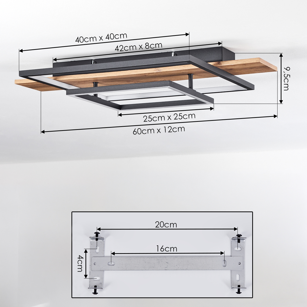 Moderne Lampe mit Holz- und Metallelementen, Maße angezeigt.