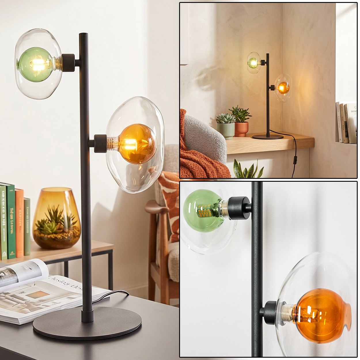 Eine schwarze Stehlampe mit zwei Glaskugeln und farbigen Glühbirnen.