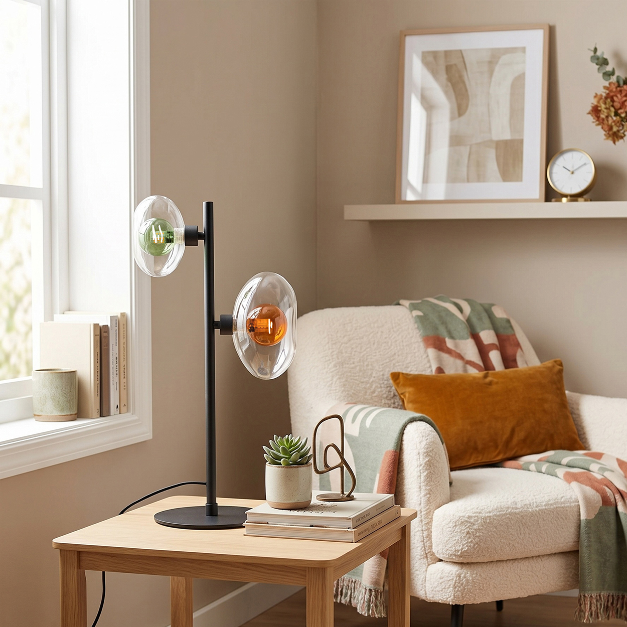 Ein moderner Tisch mit Lampe, Sessel mit Decke und Kissen, Fenster und Kunst.
