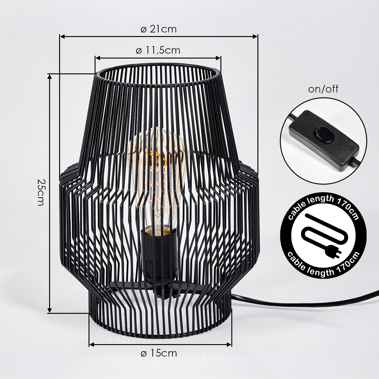 Schwarze Tischlampe mit Drahtgestell, sichtbare Glühbirne, Maße und Schalter.