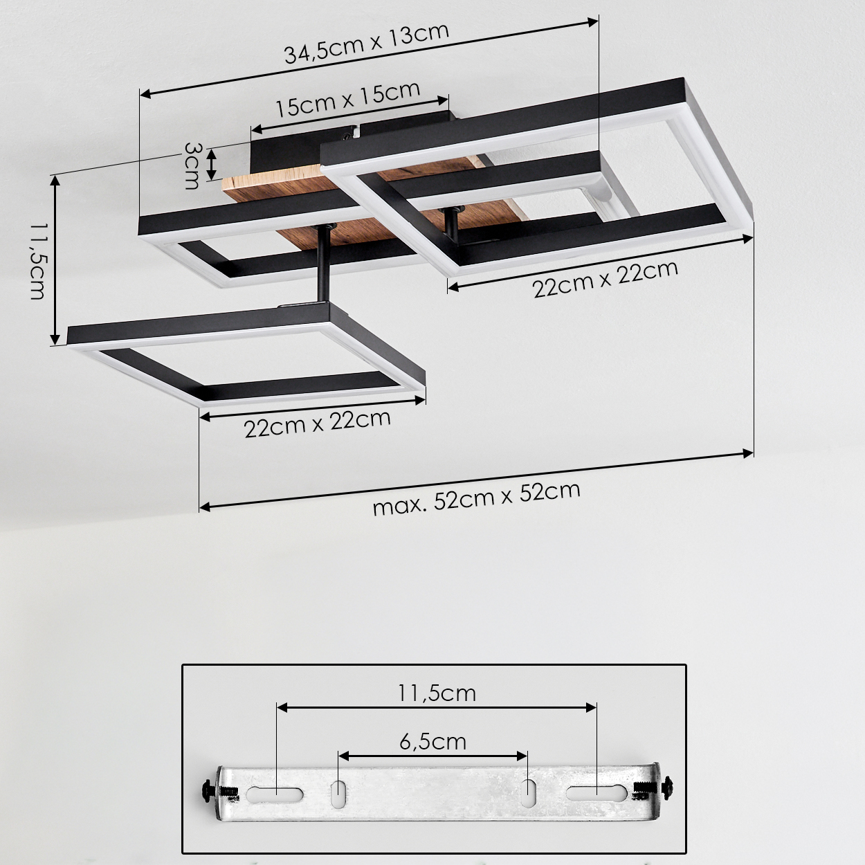 Moderne Deckenleuchte mit rechteckigen Rahmen und Holzdetails, Maße angegeben.