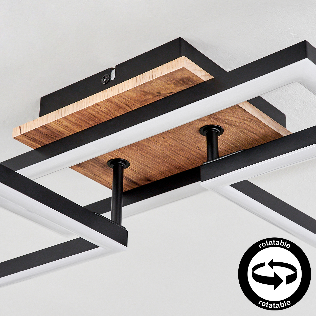 Deckenleuchte mit Holz- und Metallelementen, rechteckig.