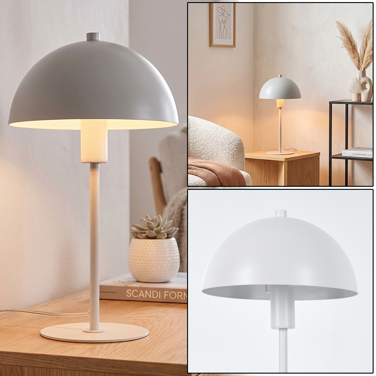 Graue Lampe mit Kuppelschirm auf einem Nachttisch neben einem Sessel.