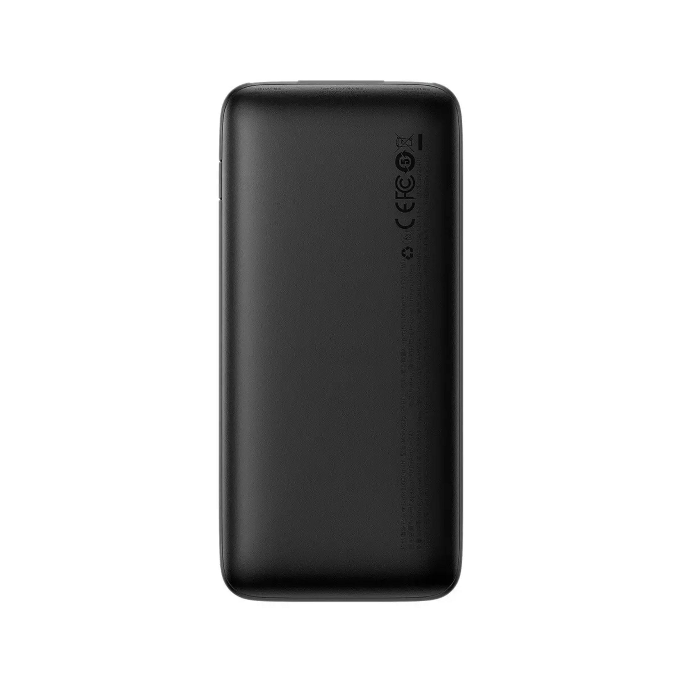 Power bank nero con simboli CE, FCC e RoHS. Dettagli sul retro.