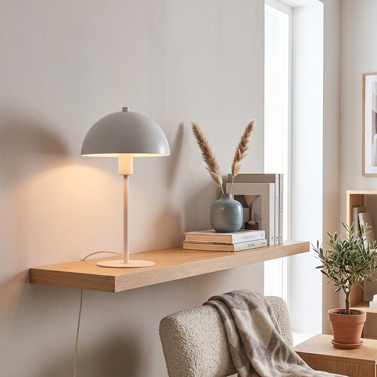 Ein Nachttisch mit Lampe, Büchern, Vase und Pflanze.
