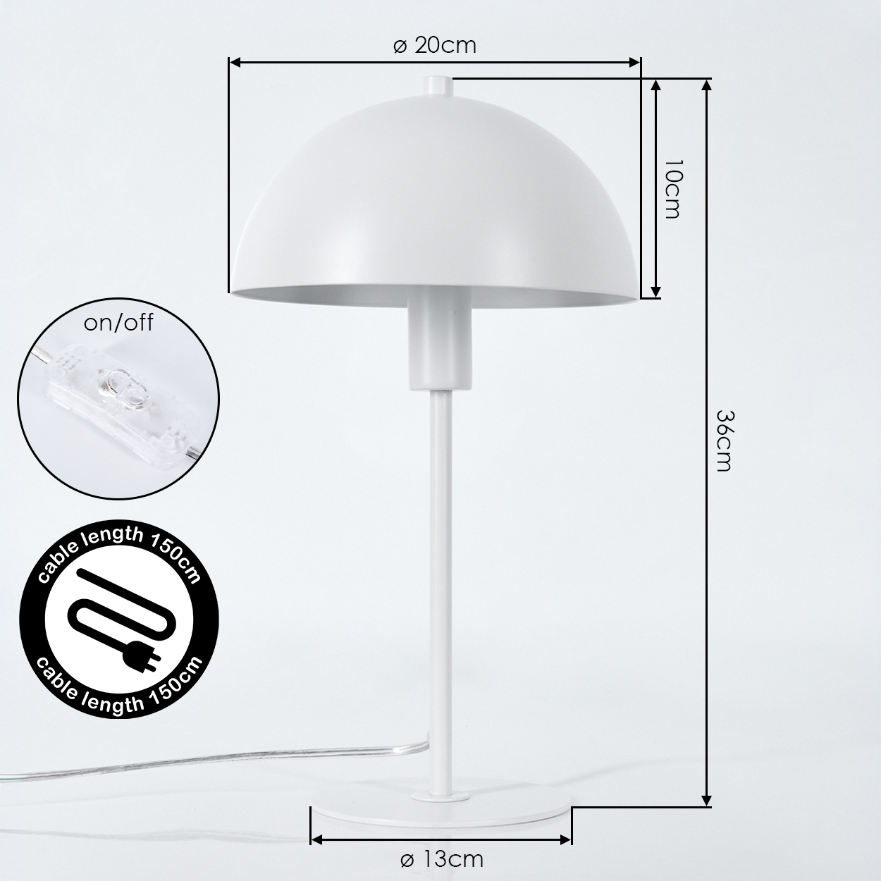 Weiße Tischlampe mit Kuppel, 36cm hoch, 20cm Durchmesser. Kabel 150cm.