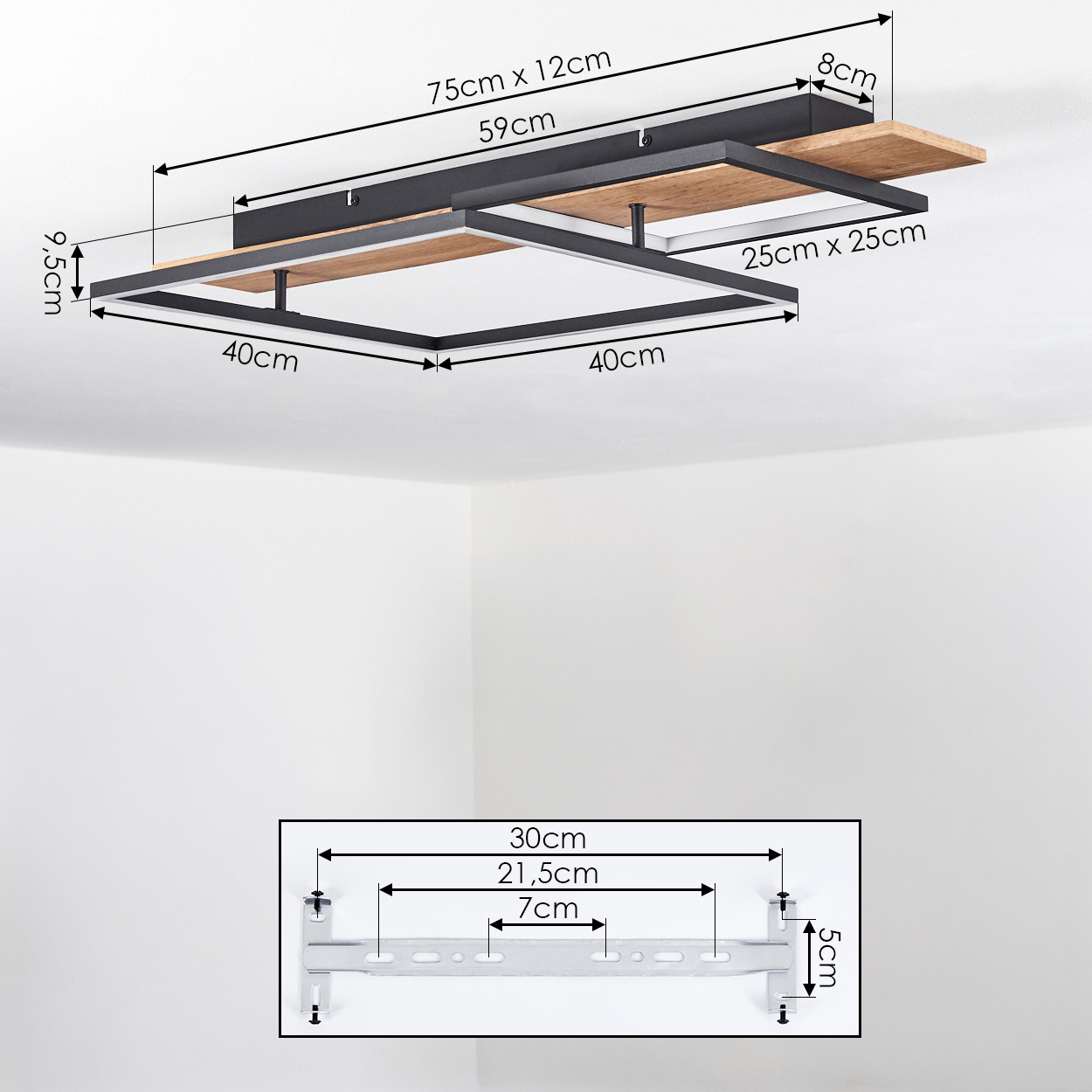 Deckenleuchte mit Holzdetails, Maße sind angegeben.