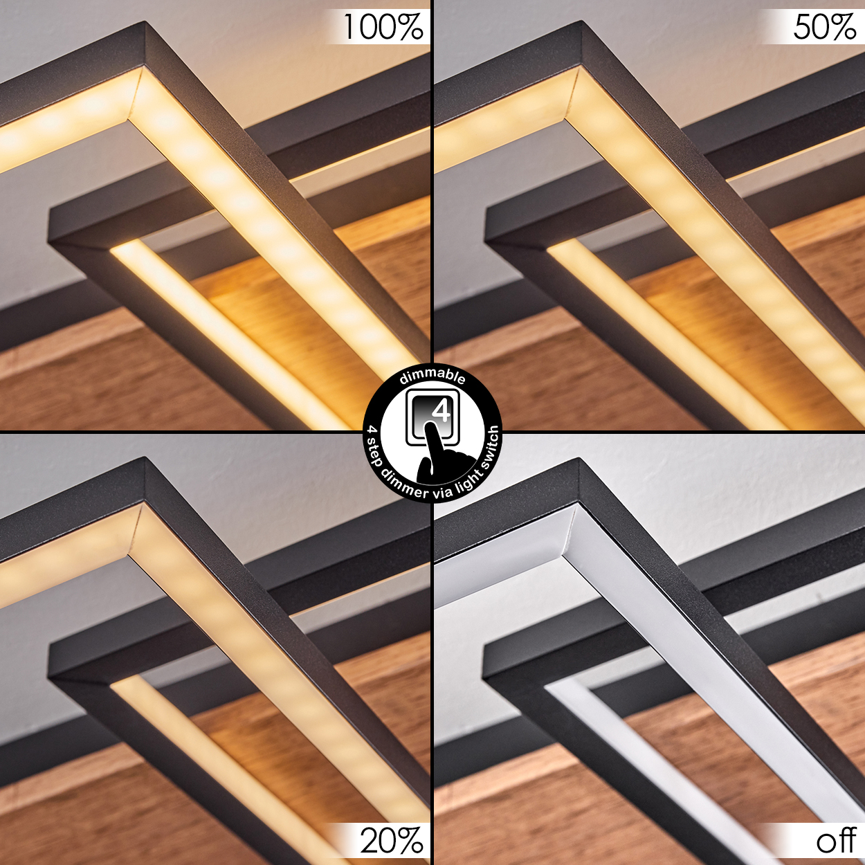 Moderner Deckenleuchter mit Holzdetails, 4 Helligkeitsstufen.