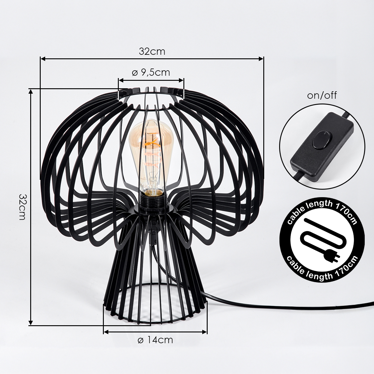 Schwarze Lampe mit Drahtgestell, Glühbirne und Maßangaben.