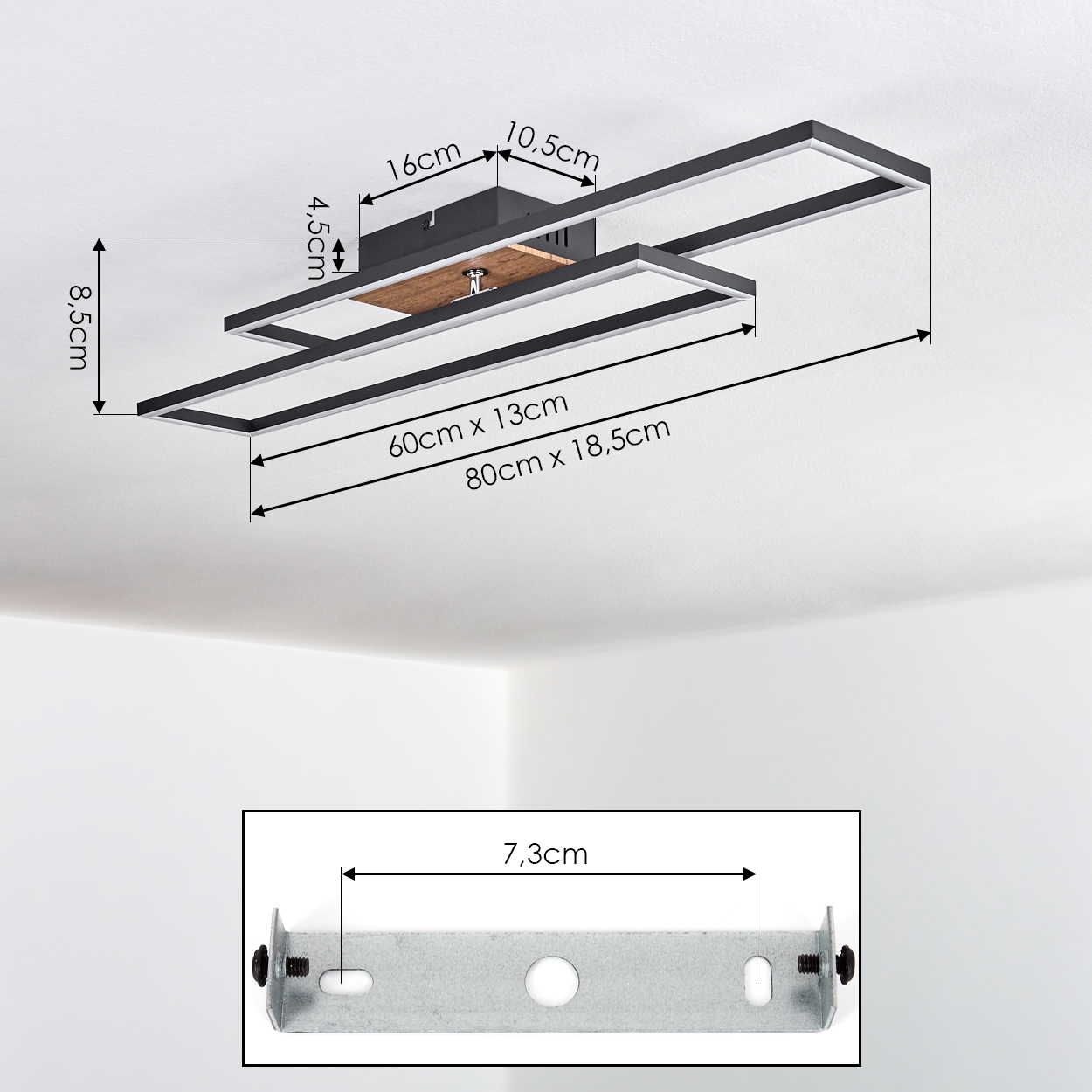 Moderne Deckenleuchte mit rechteckigen Rahmen und Maßangaben.