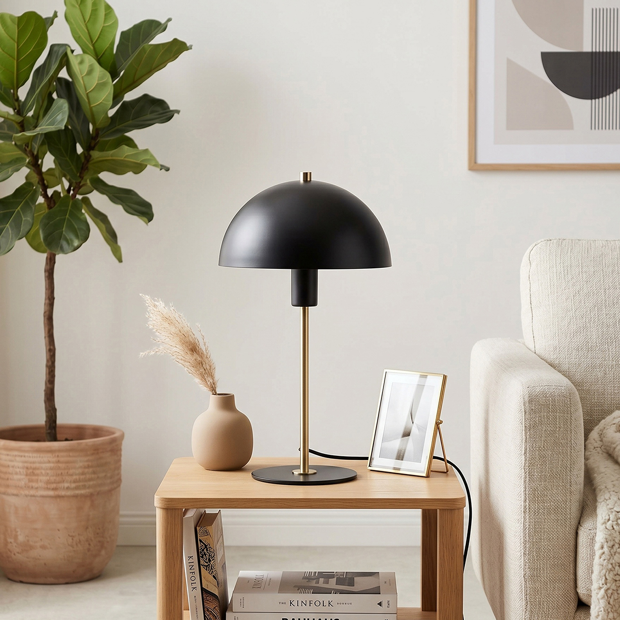 Schwarze Lampe auf Holztisch neben Pflanze und Sofa.