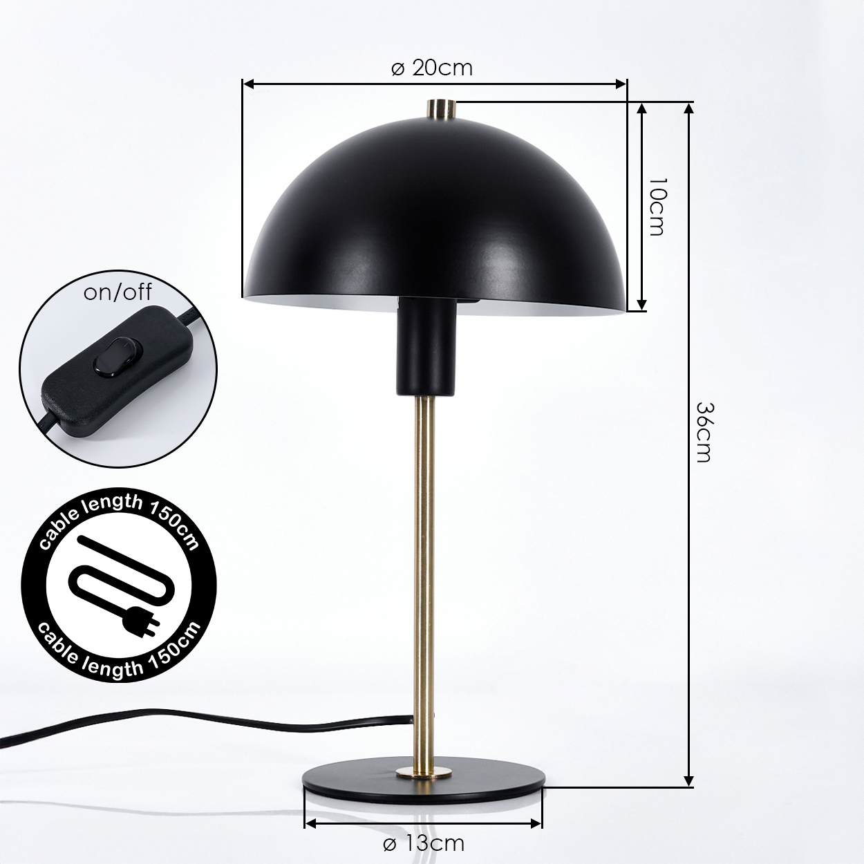 Schwarze Schreibtischlampe mit Messingfuß, 36 cm hoch. Enthält Ein-/Ausschalter.
