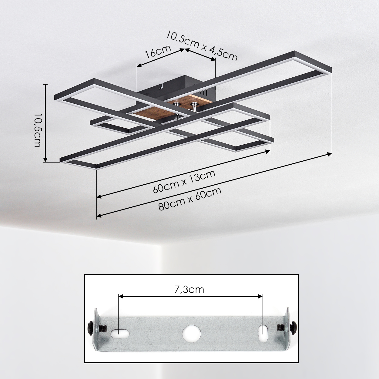 Moderne Deckenleuchte mit rechteckigen Rahmen und Holzdetail, Maße angegeben.