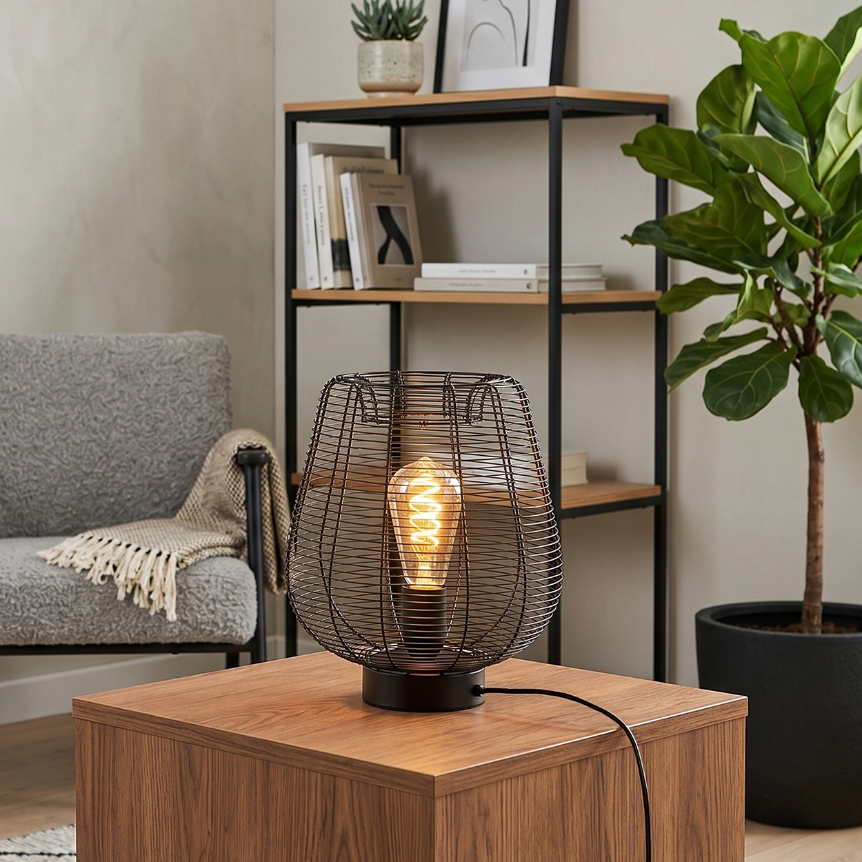 Drahtlampe mit Glühbirne auf Holztisch, Sessel, Regal und Pflanze im Hintergrund.