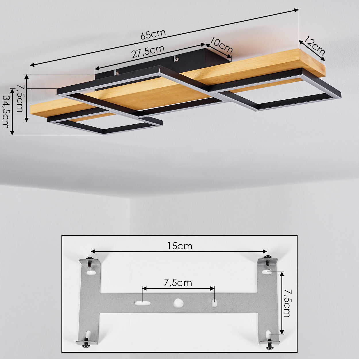 Deckenleuchte mit Holz- und Metallelementen, Maße angegeben.