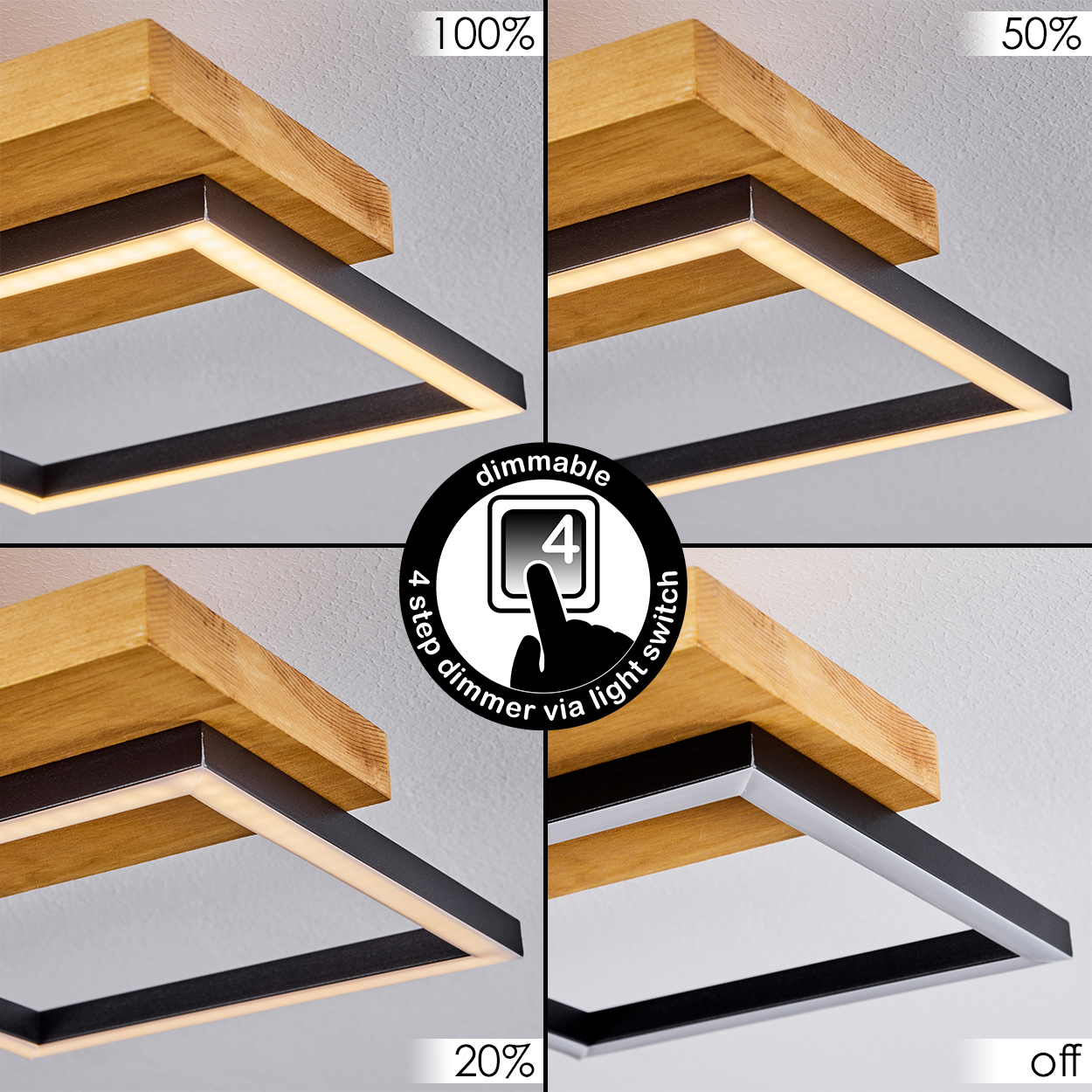 Holzlampe mit LED-Licht in 4 Stufen dimmbar über Lichtschalter.