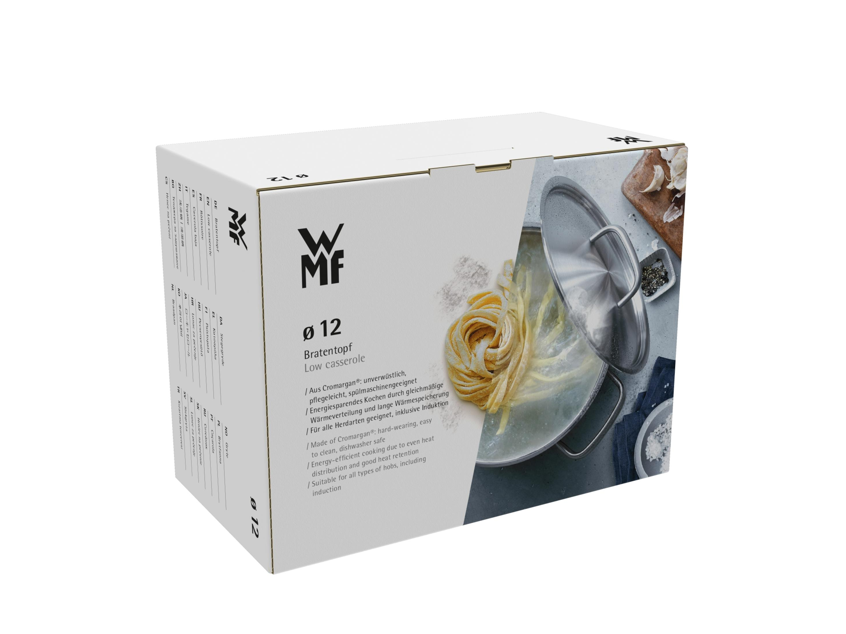 WMF Bratentopf Ø 12 mit Nudeln und Knoblauch auf Verpackung.
