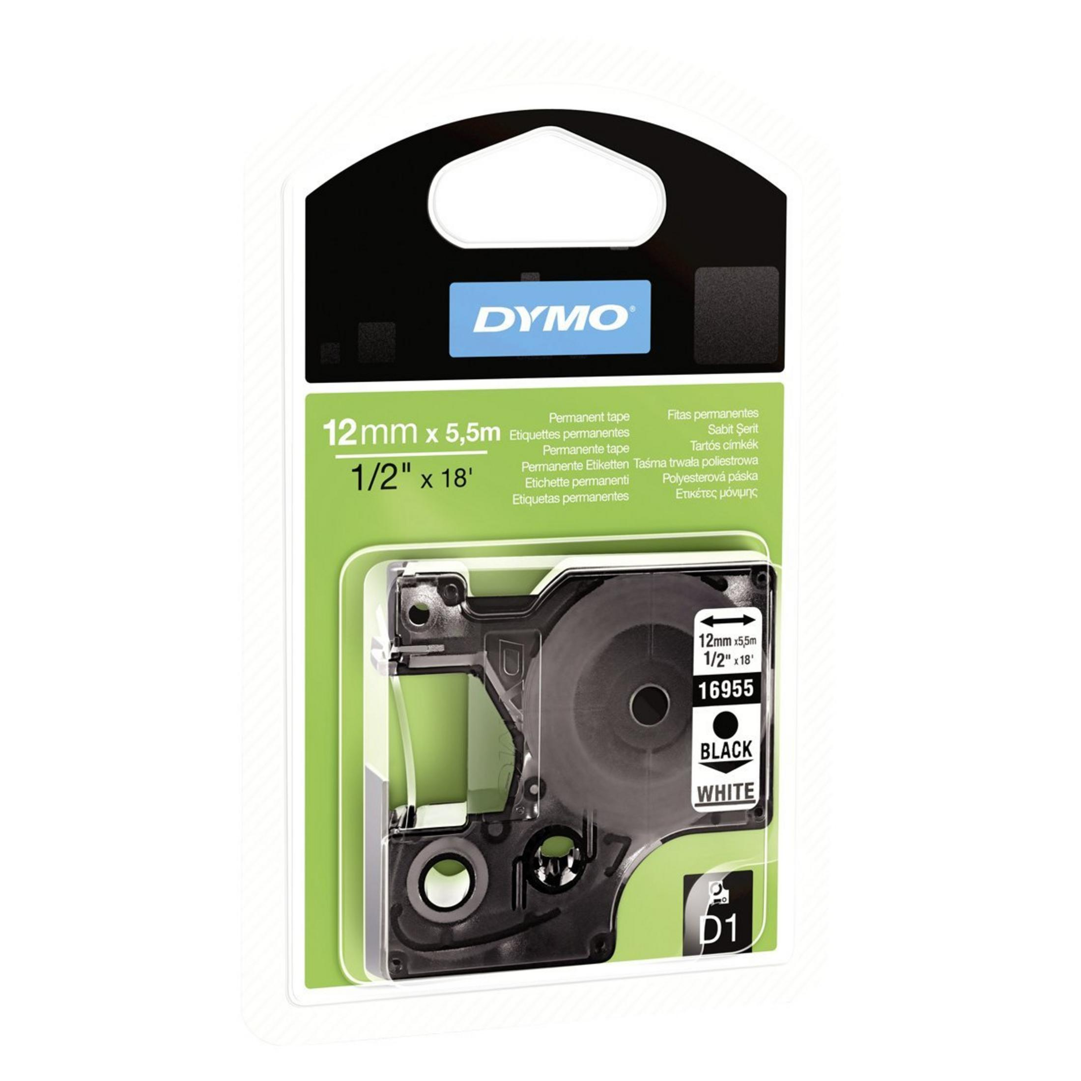 Nastro etichette permanente DYMO 12mm x 5,5m nero su bianco, modello D1.