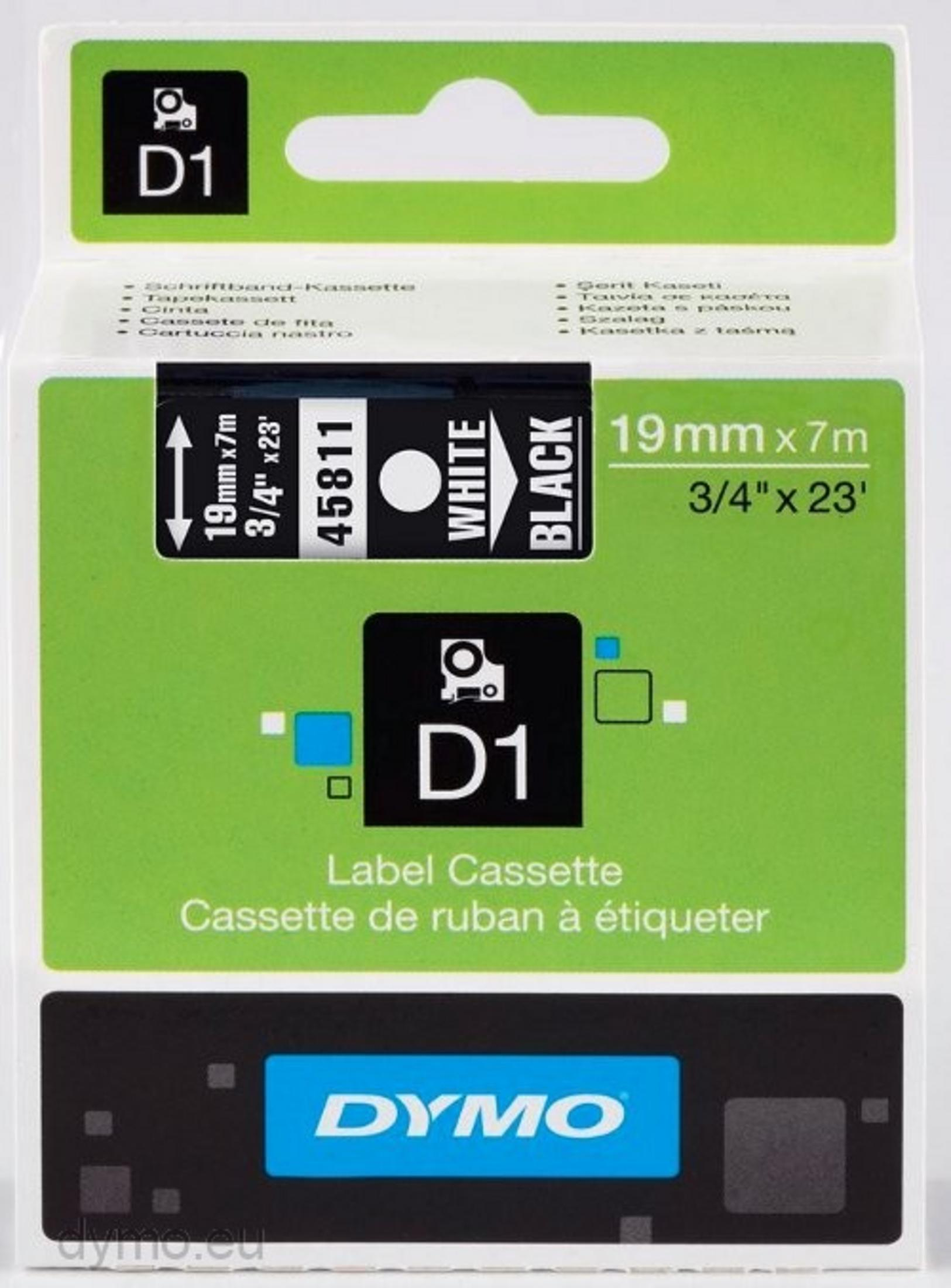 Verpackung für D1 Labelkassette, 19mm x 7m, weißes Band, schwarze Schrift.