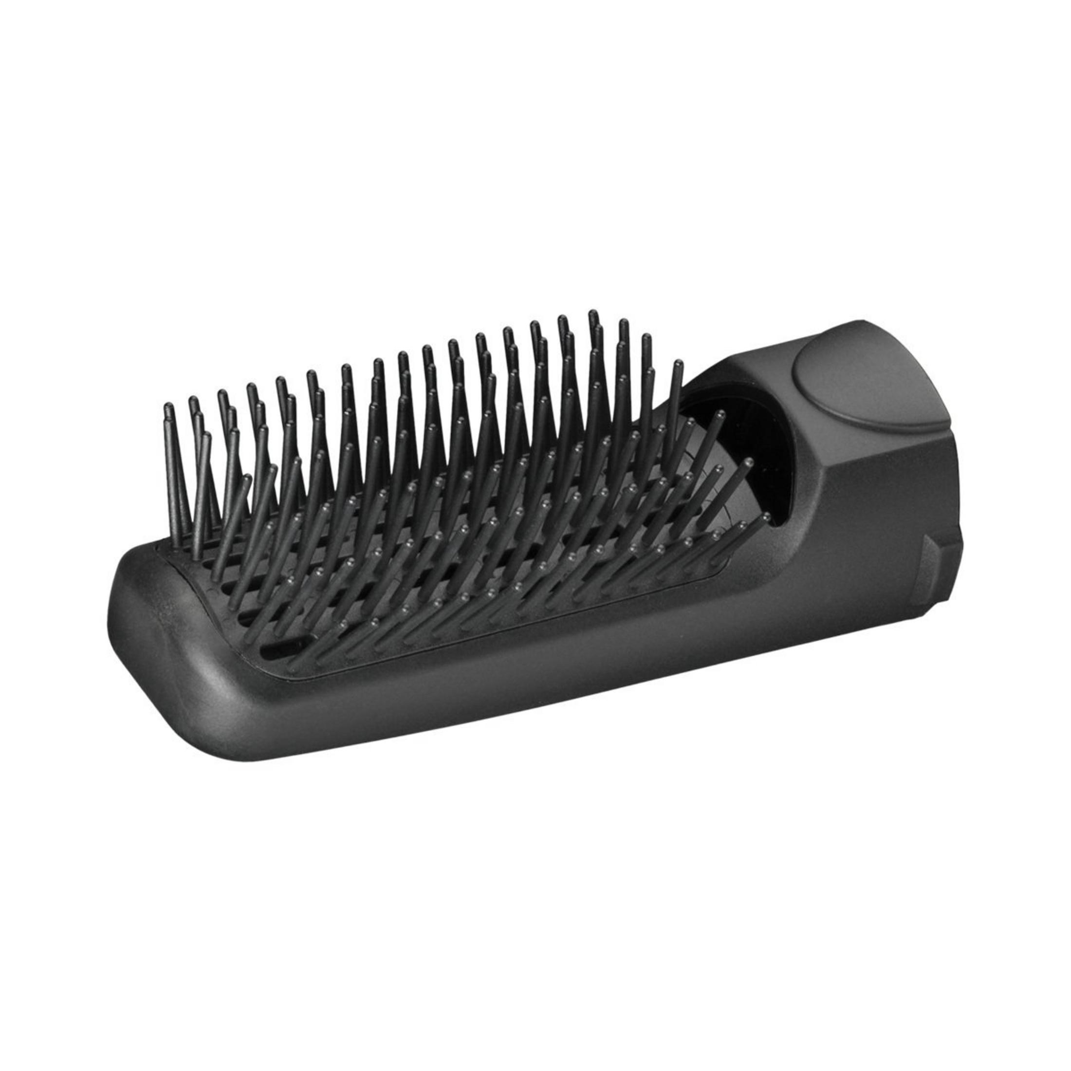 Un accessorio nero per asciugacapelli con molte setole.