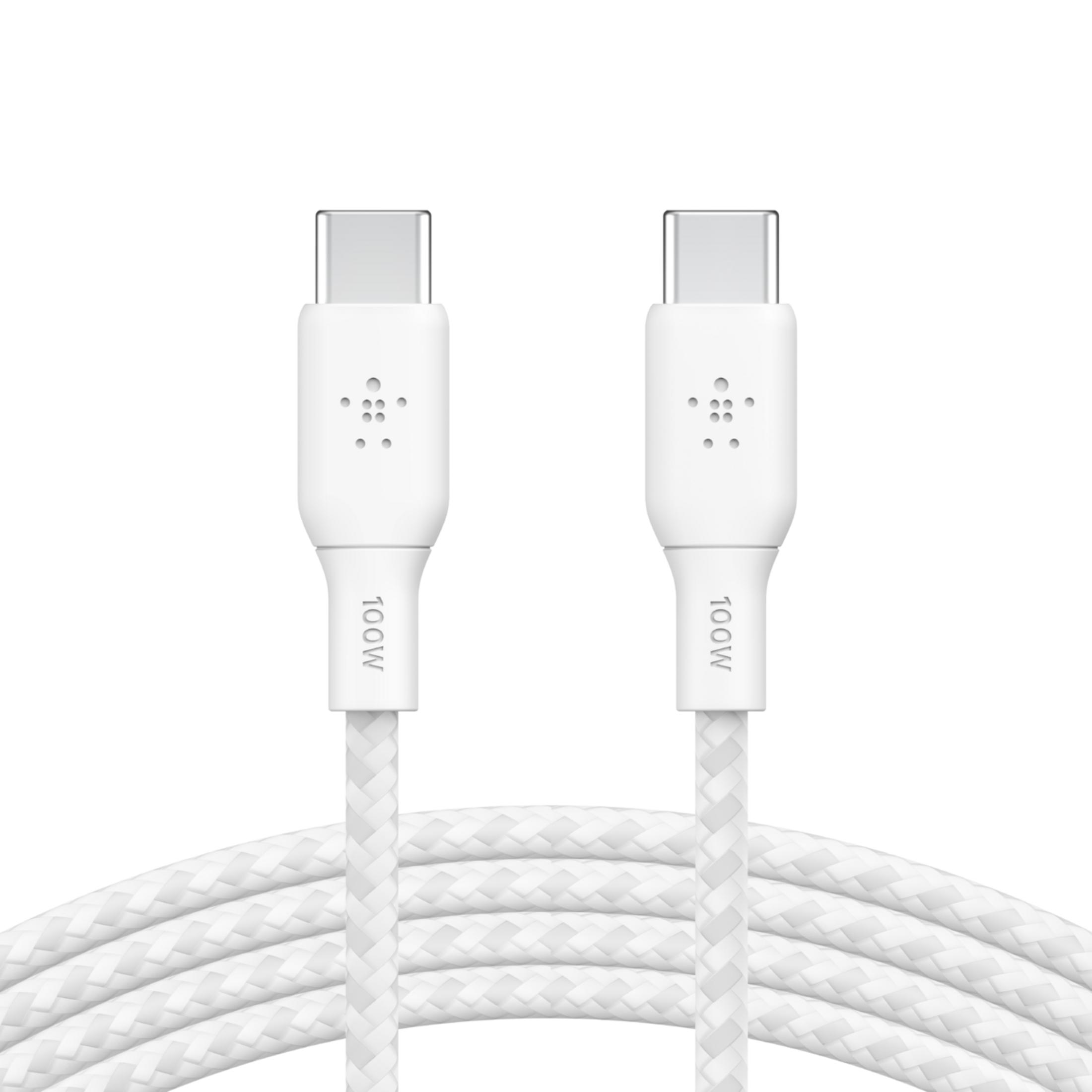 Two white USB-C cables with 100W marking and braided cable.