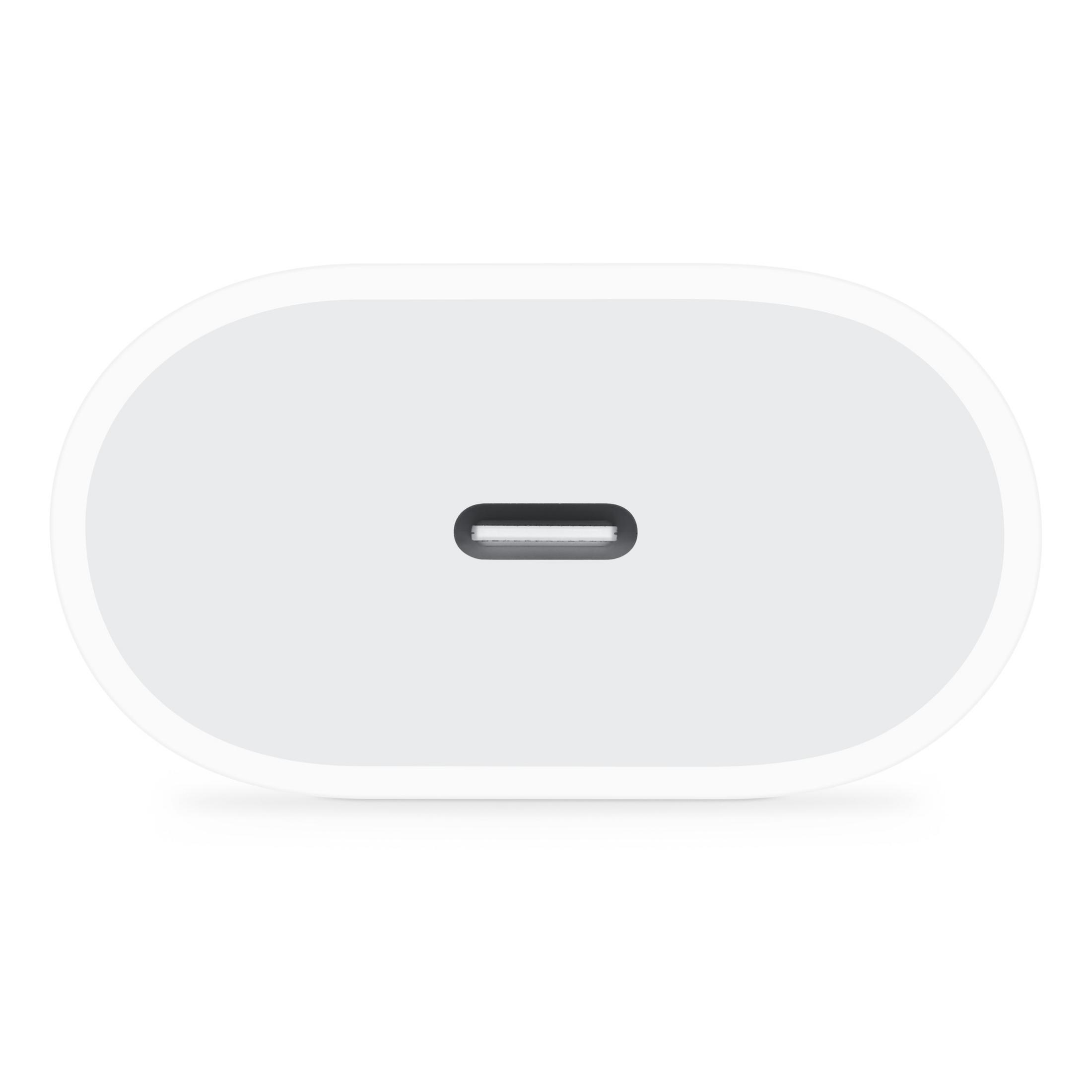 Ortasında koyu renkli yuva bulunan beyaz USB-C şarj cihazı.