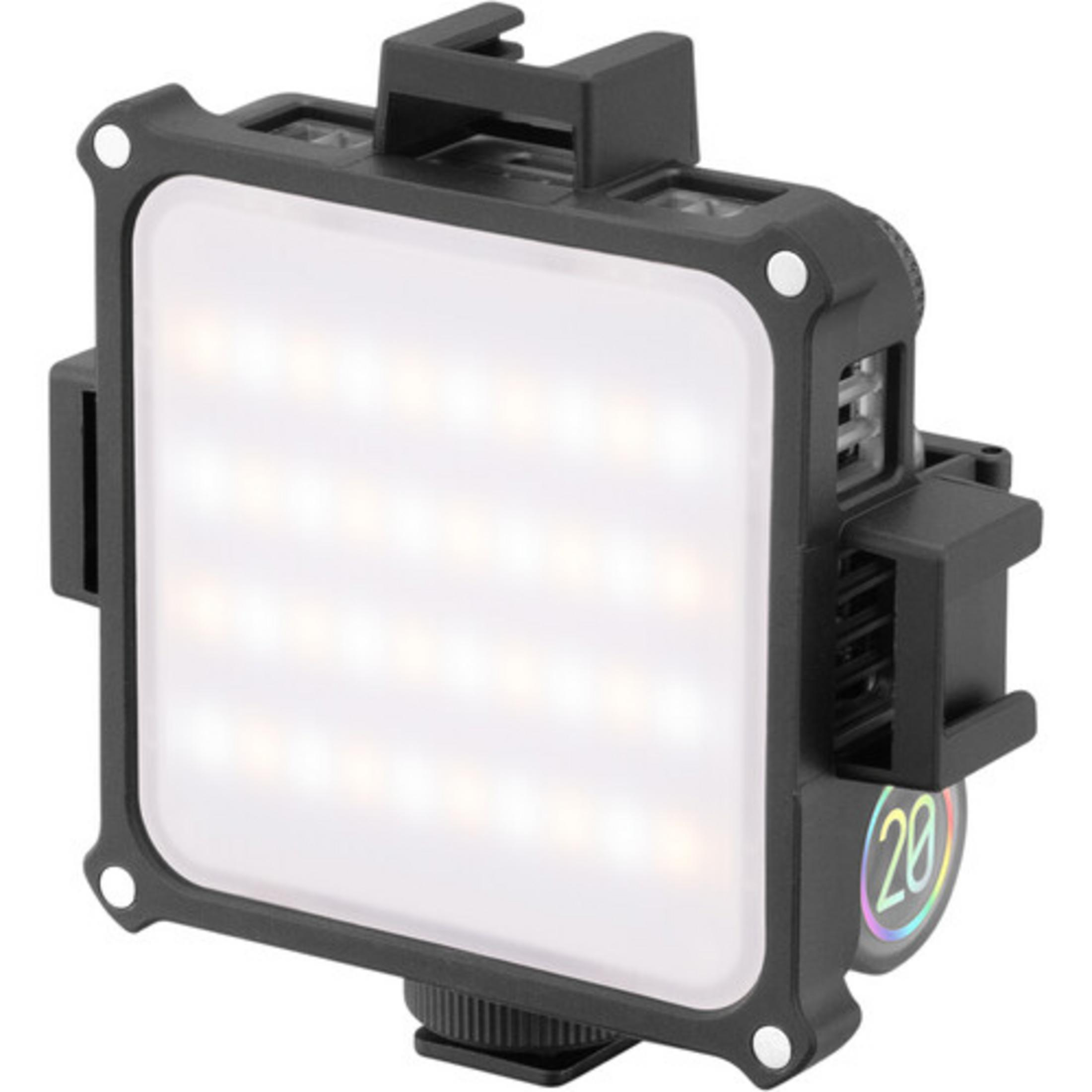 Ein schwarzes LED-Licht mit weißem Diffusor und Montagehalterung.
