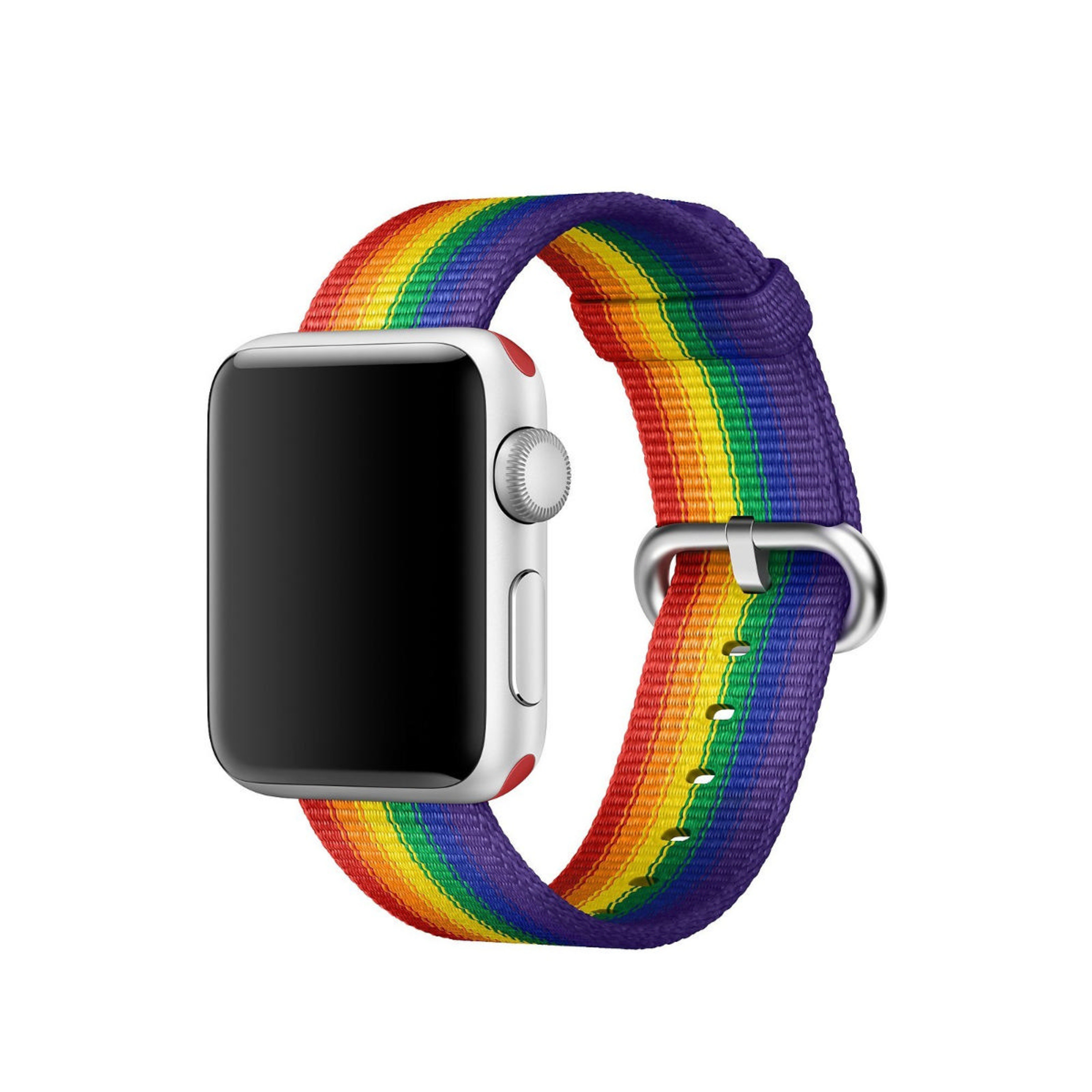 Uno smartwatch argentato con cinturino a strisce arcobaleno.
