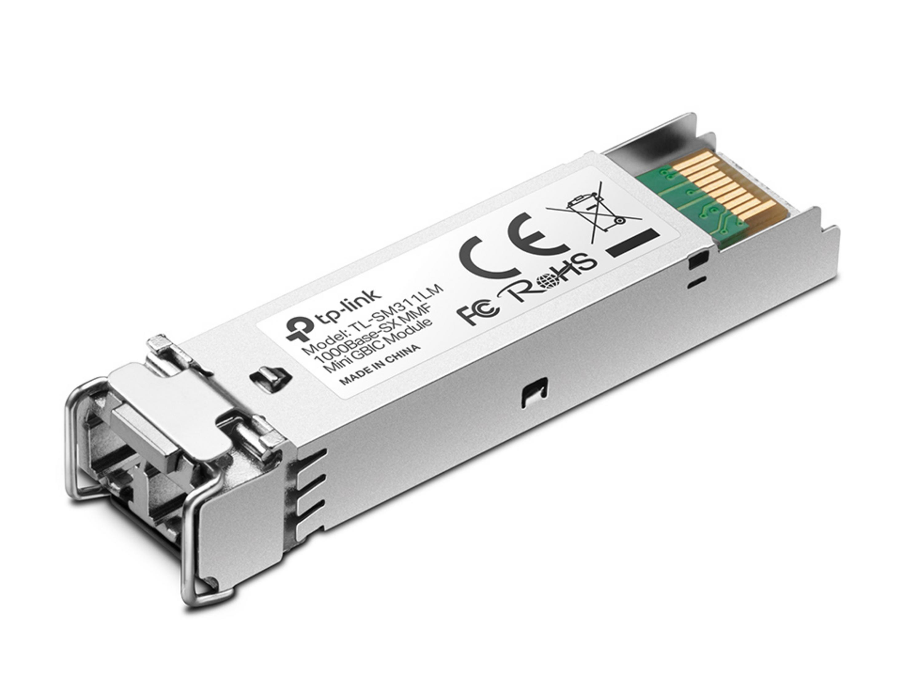 Gümüş renkli TP-Link Mini GBIC modülü ağ alıcı-vericisi, CE ve FC işaretli.