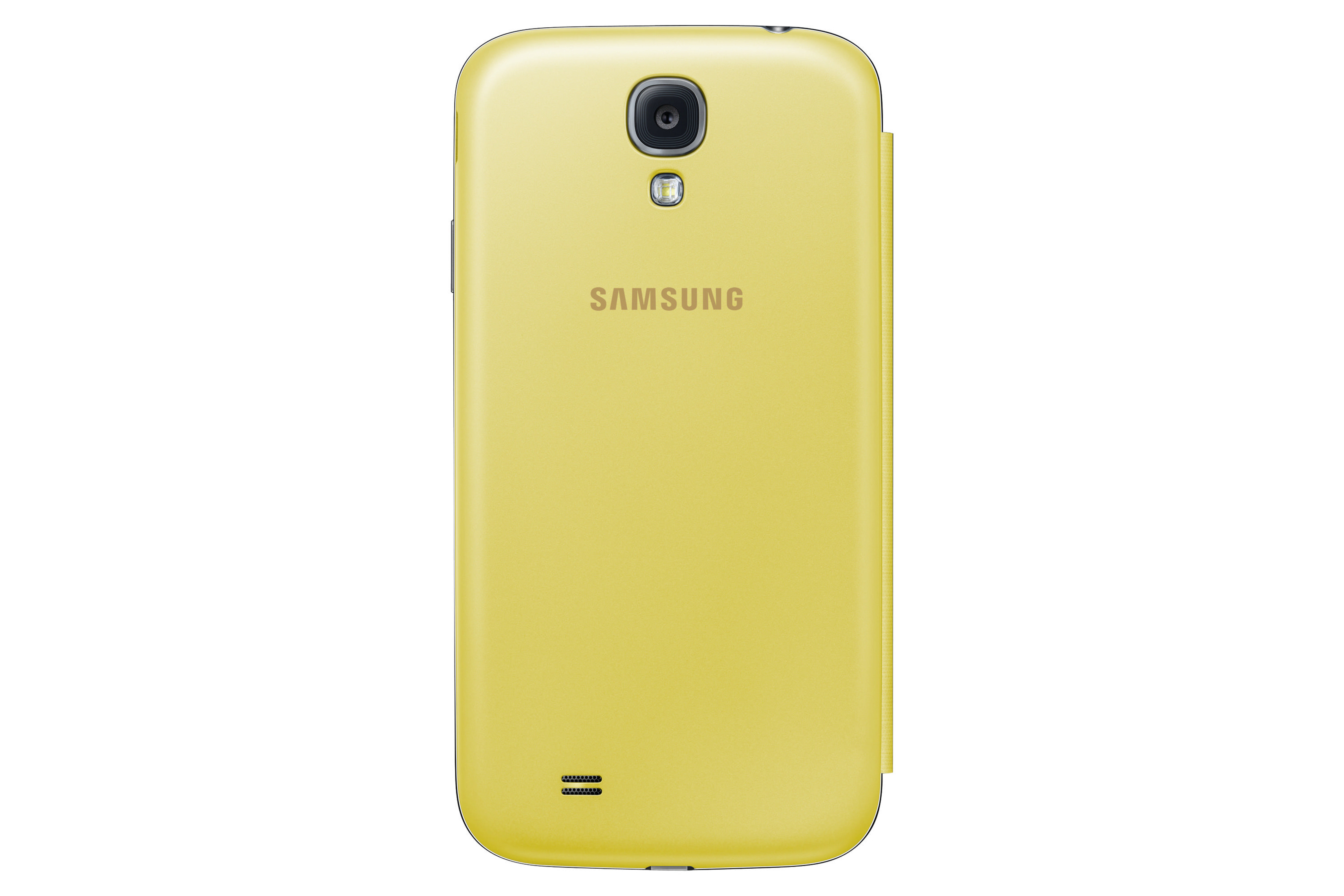 Vista posteriore di uno smartphone Samsung giallo, con fotocamera e flash.