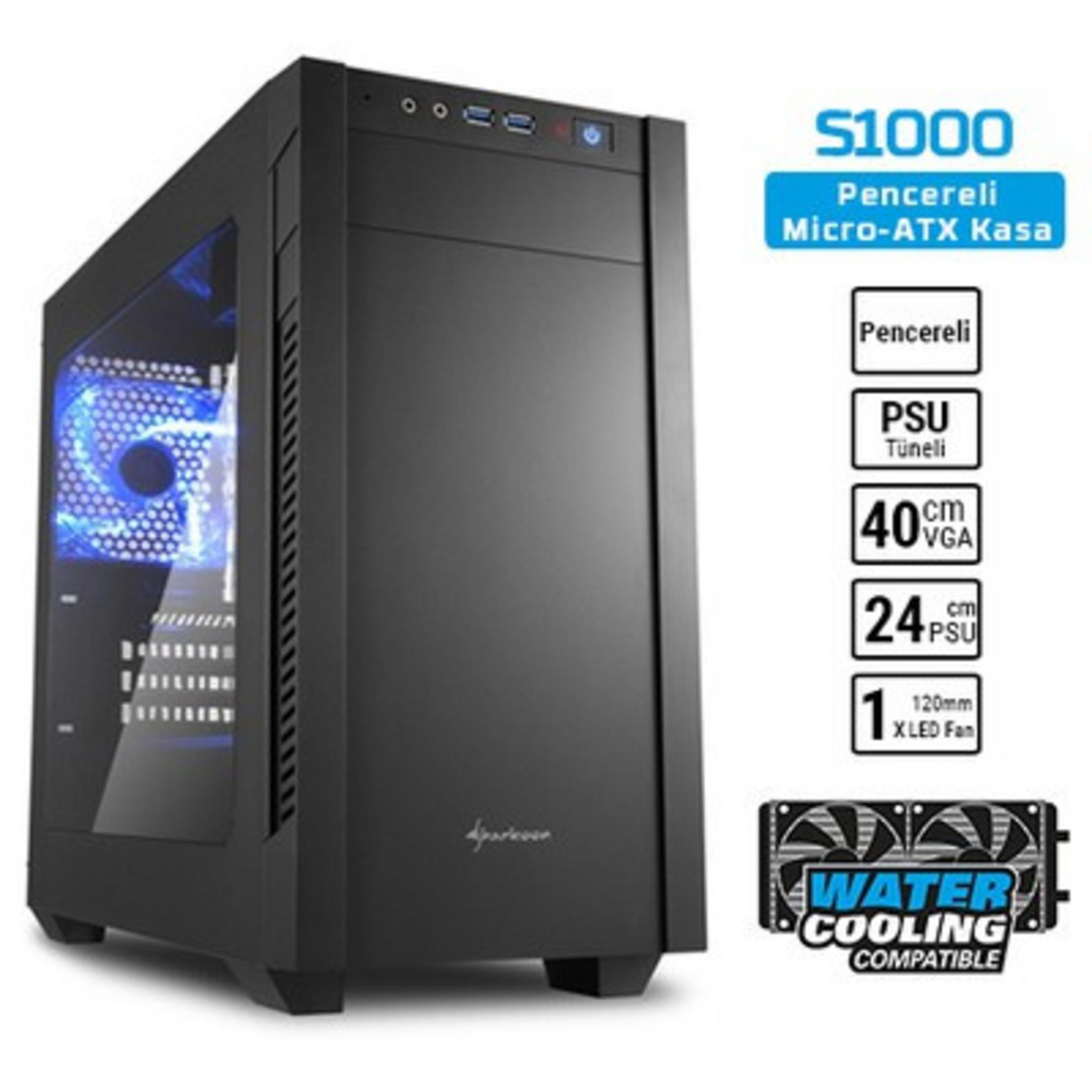 Case Micro-ATX nero con ventola blu, finestra in vetro e specifiche tecniche.