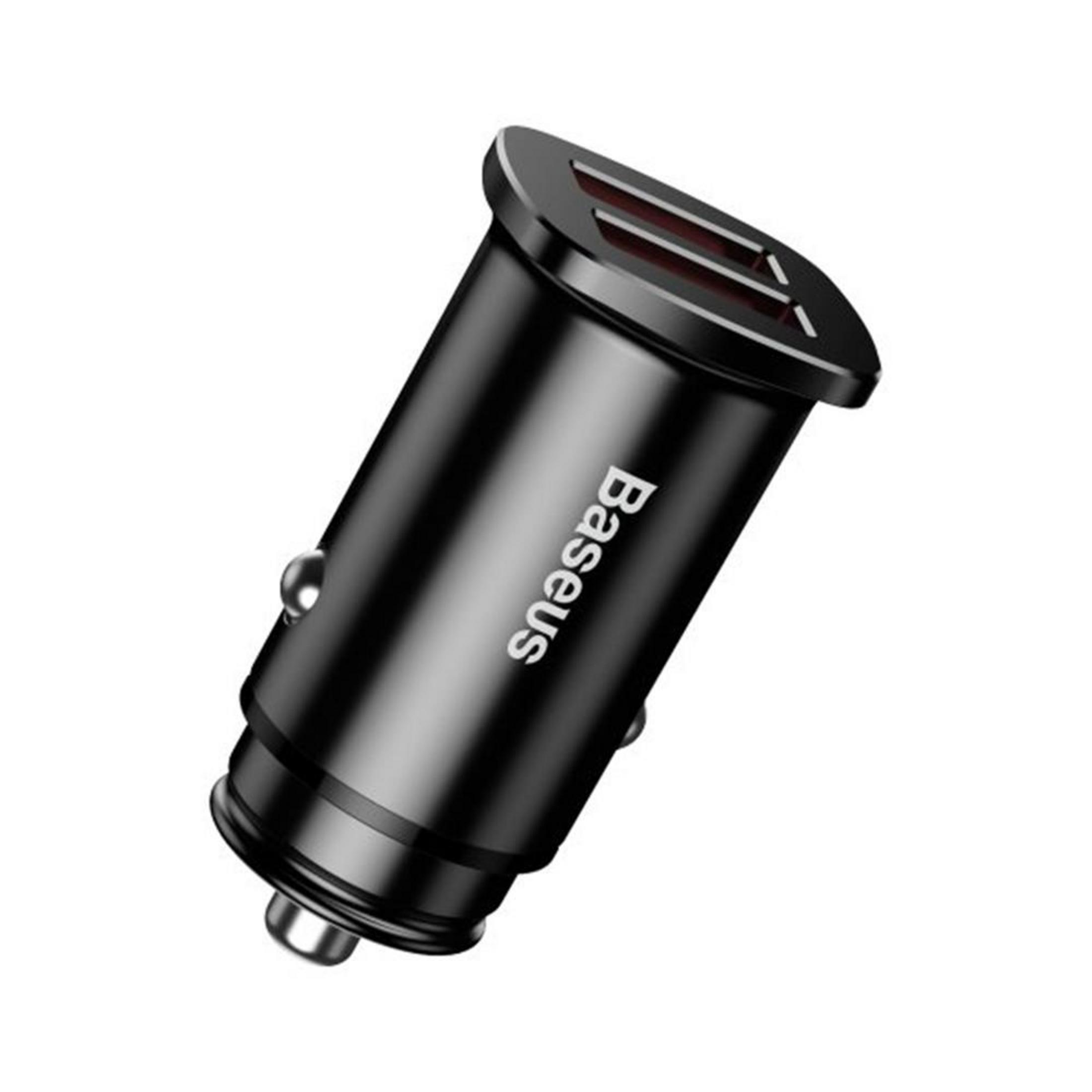 Elegancki czarny samochodowy adapter USB z dwoma portami i logo Baseus.