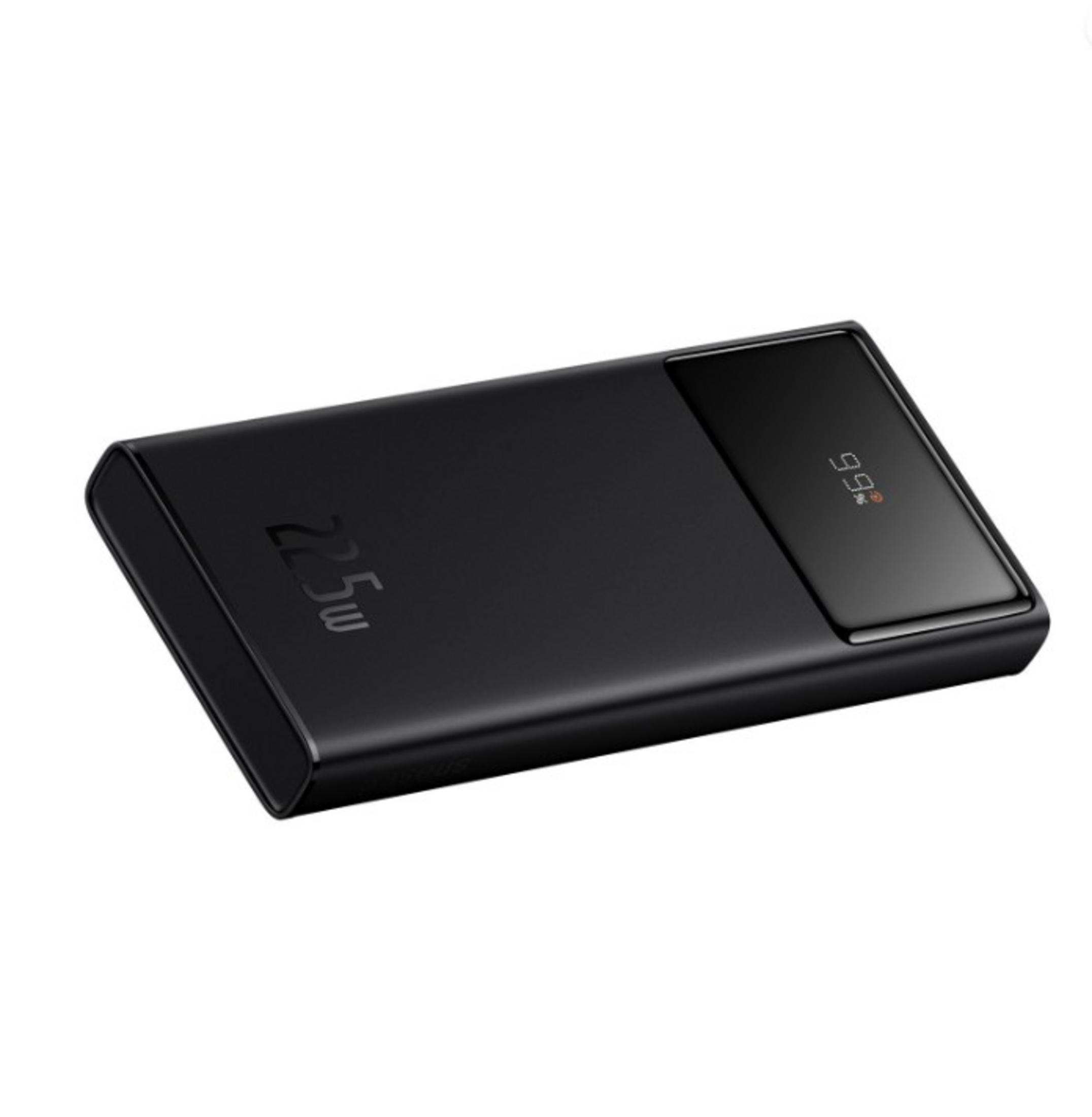 Power bank nera con display digitale che mostra 99% e 22.5W.
