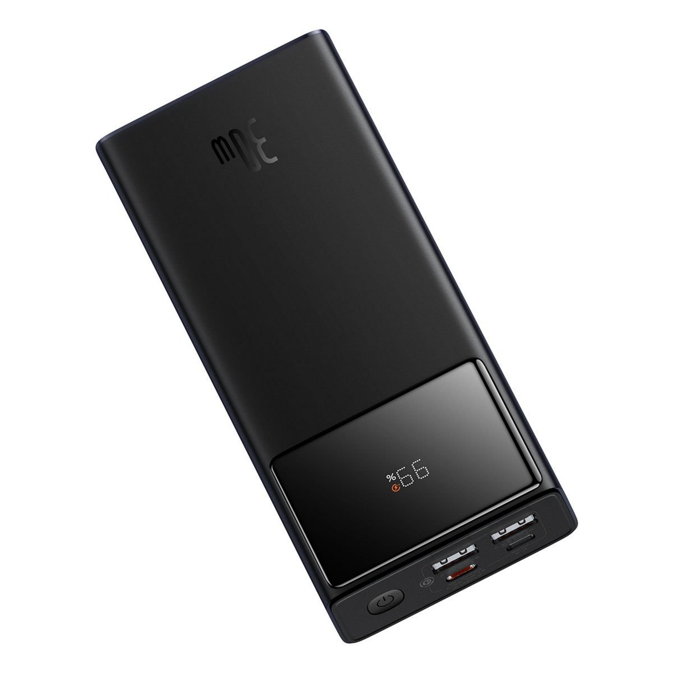 Power bank nero con display digitale che mostra il 99% di carica e porte.