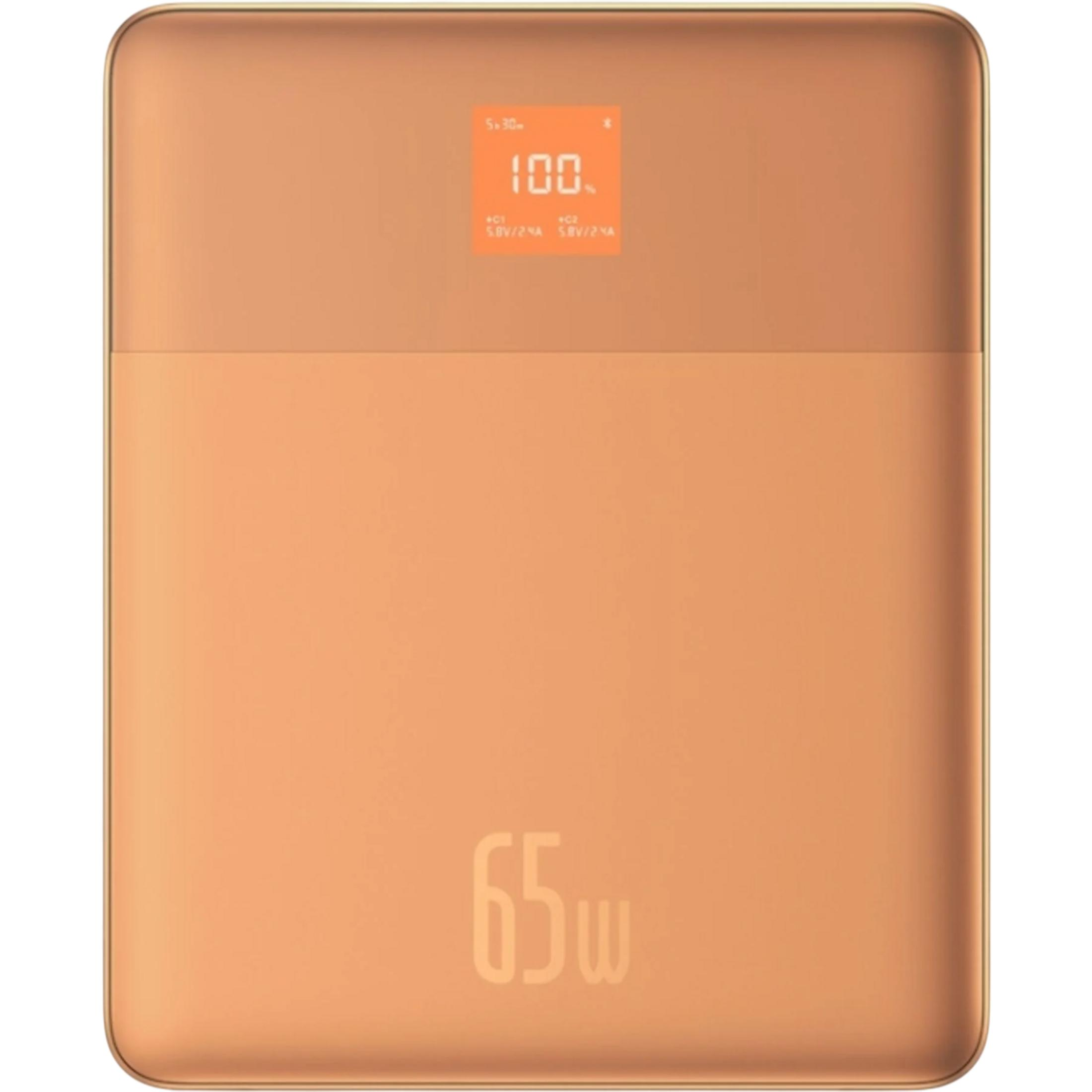 Power bank arancione con 100% di carica e indicazione 65W.