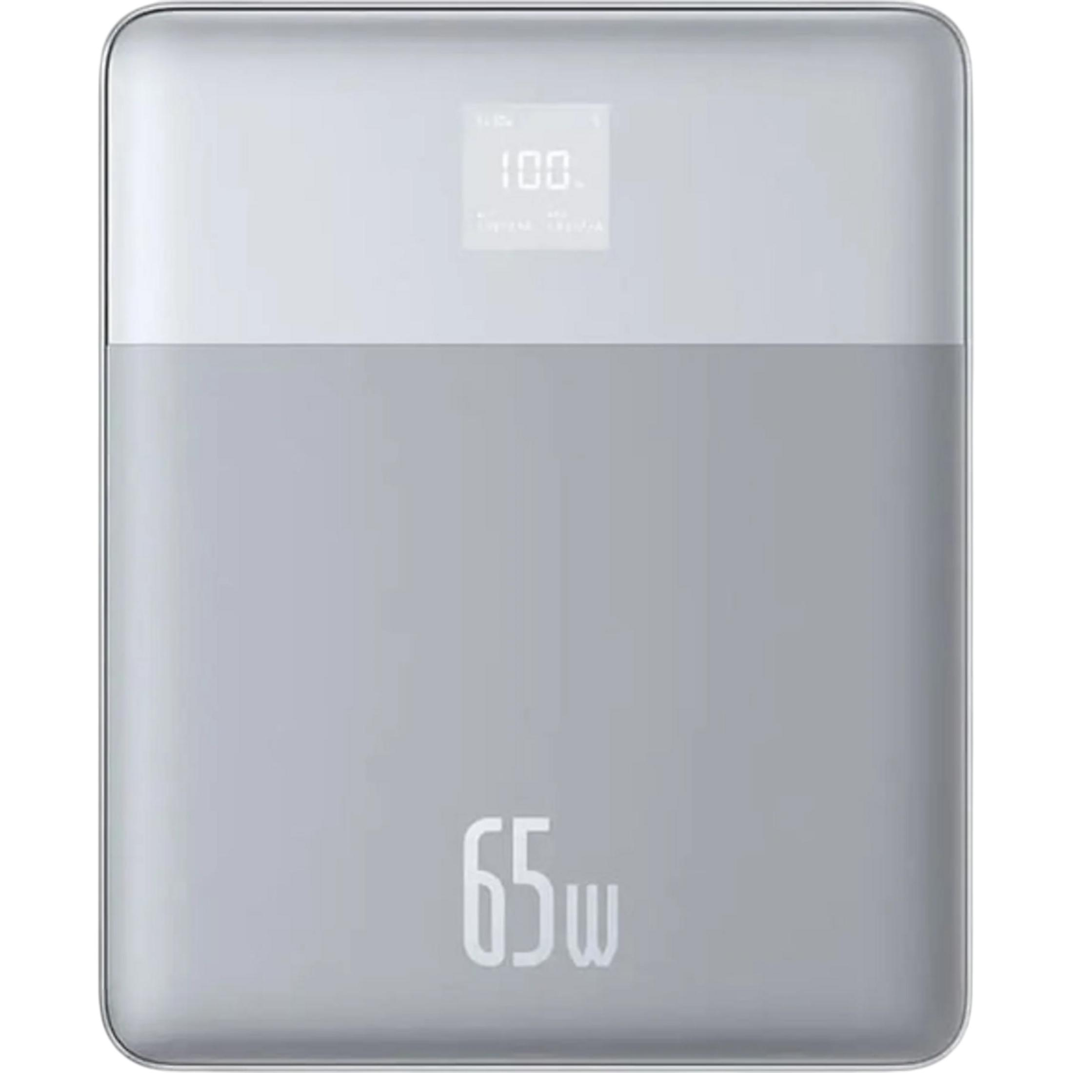 Un power bank grigio con display digitale che mostra il 100%.