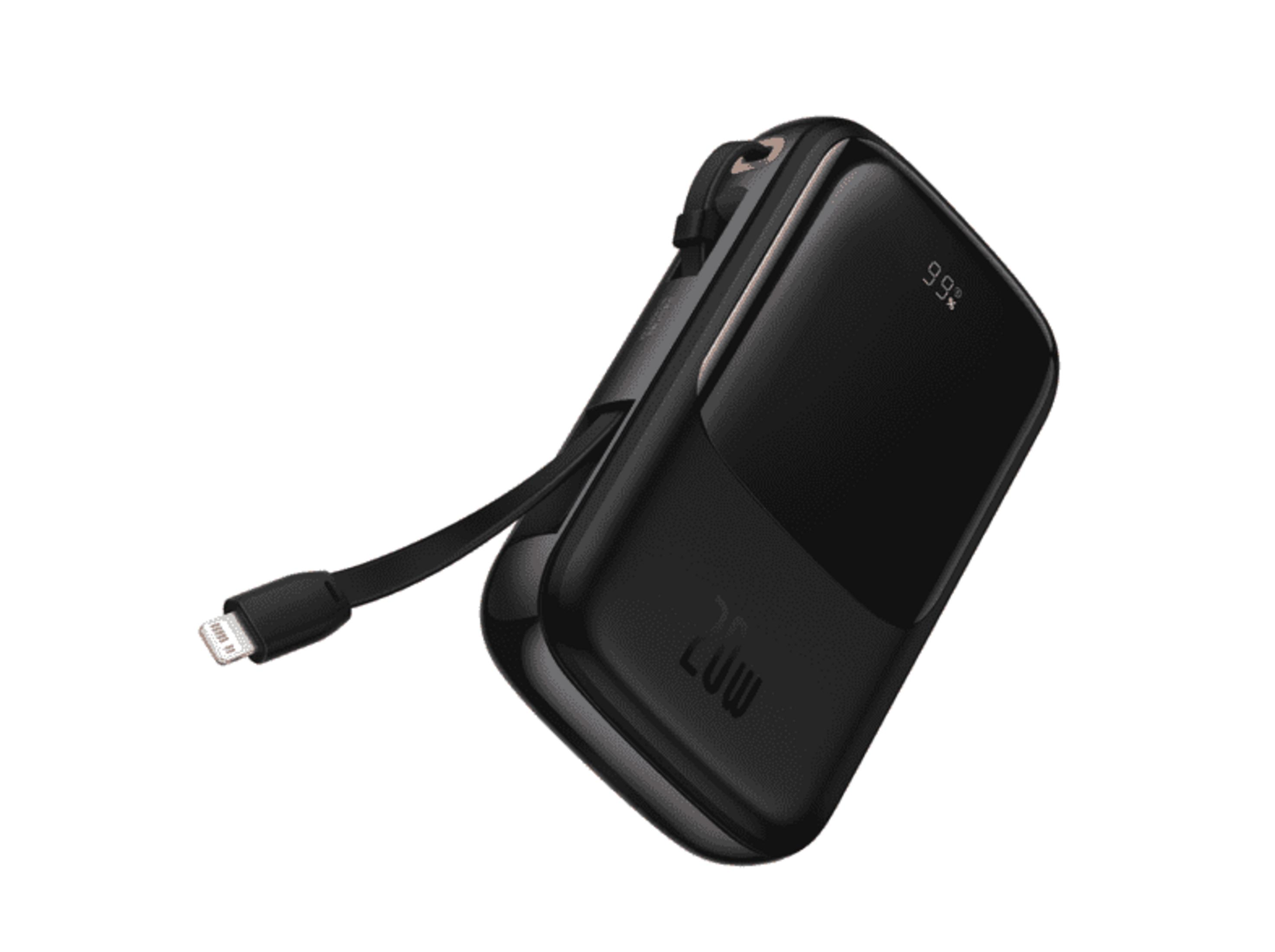 Power bank nero con carica del 99% e cavo Lightning collegato.
