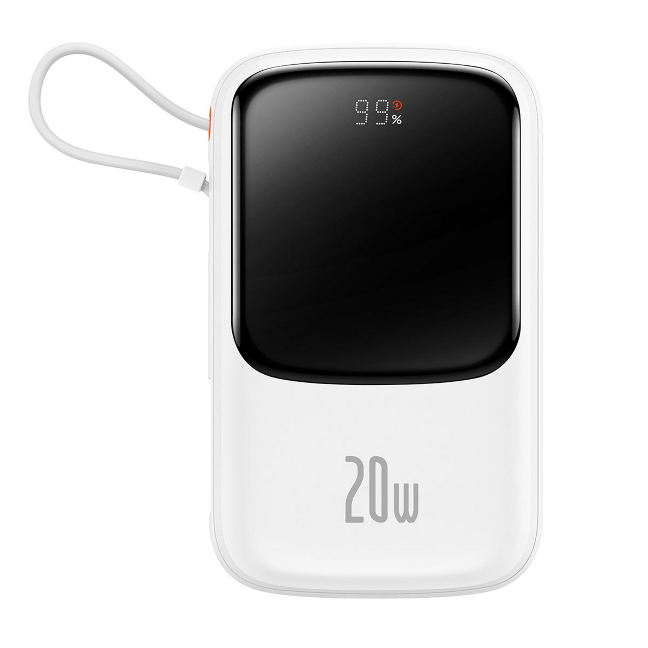 Weiße Powerbank mit schwarzem Bildschirm, zeigt 99% und 20w Logo.