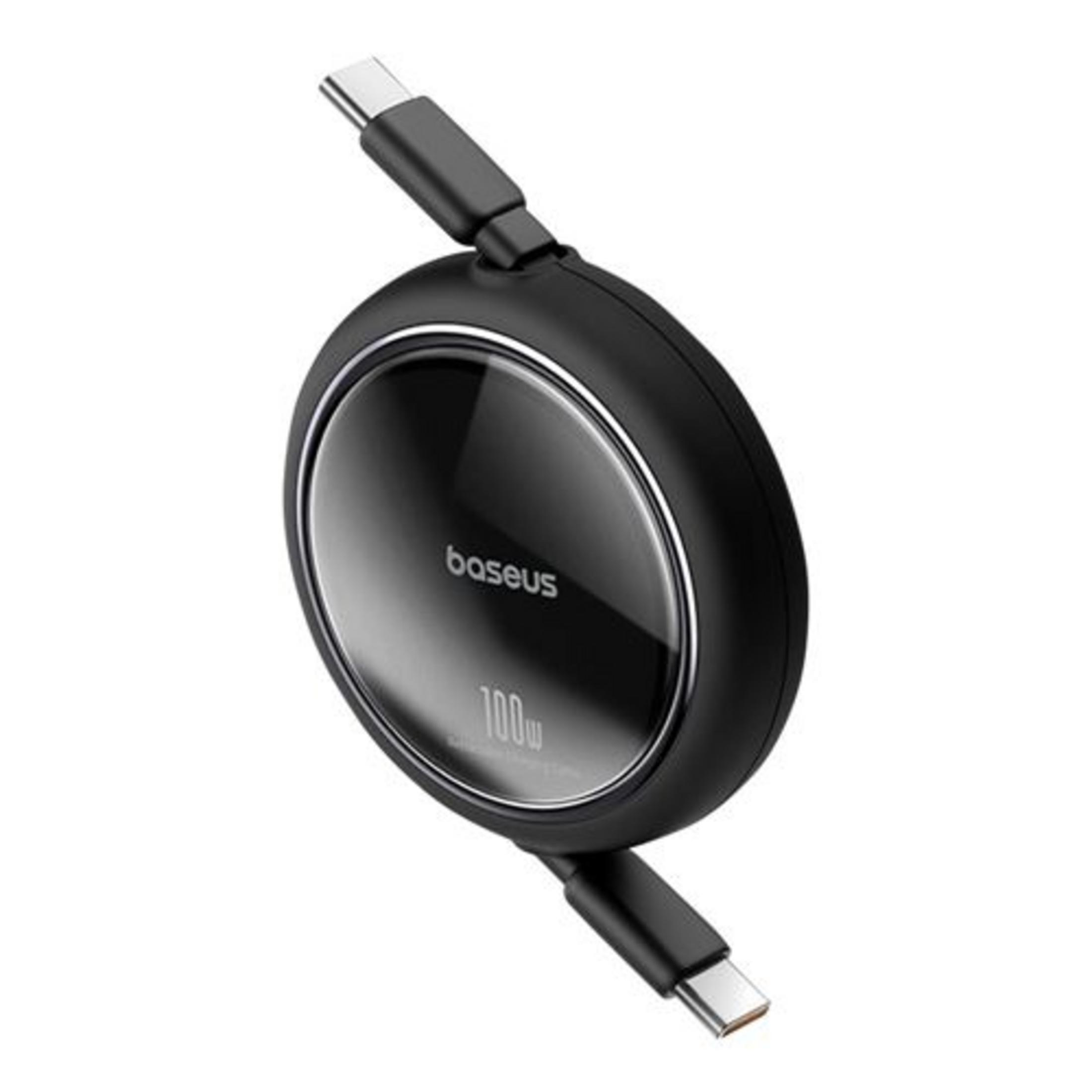 Cavo Baseus nero con due connettori USB-C, avvolto a forma rotonda.