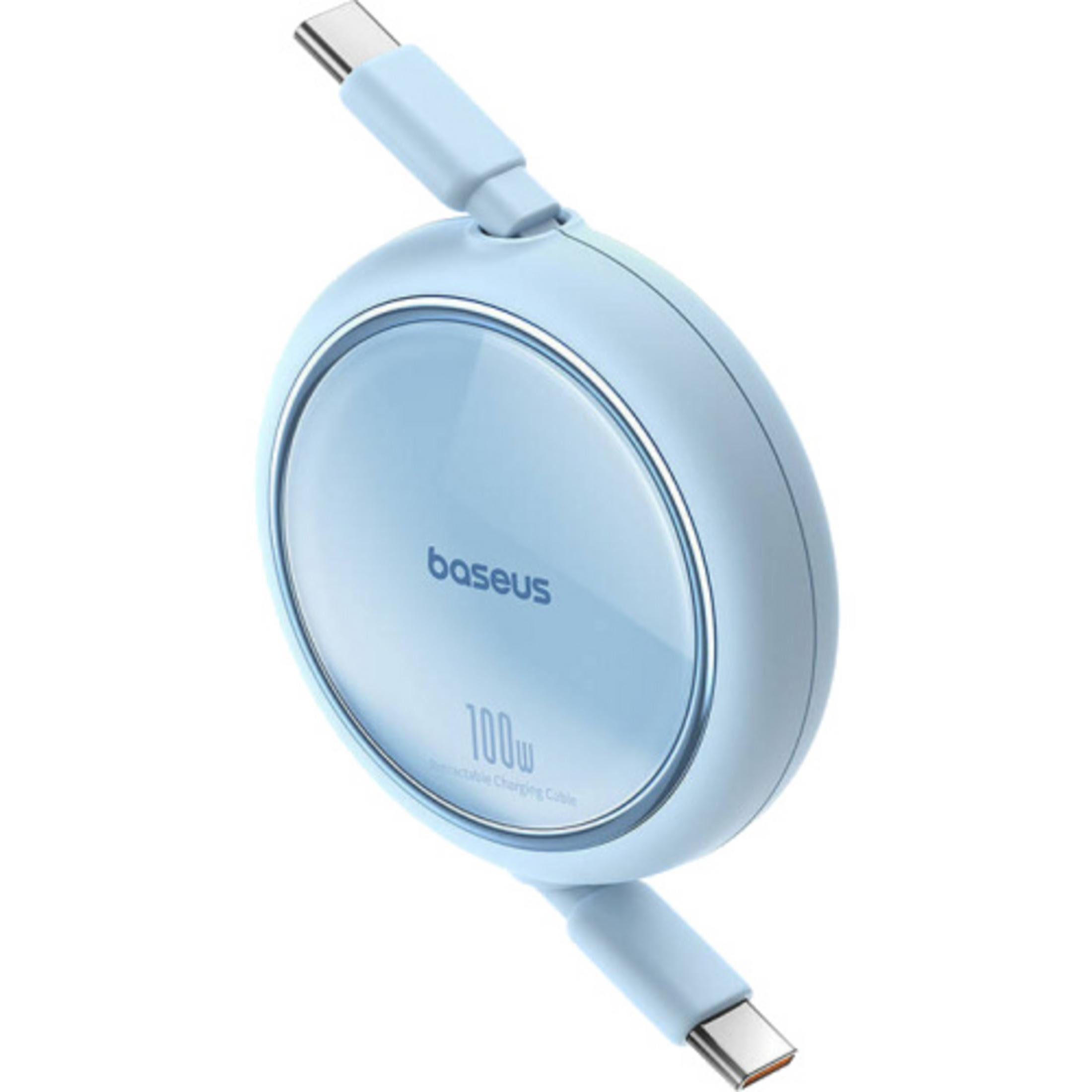 Un cavo di ricarica retrattile rotondo azzurro con connettori USB-C.