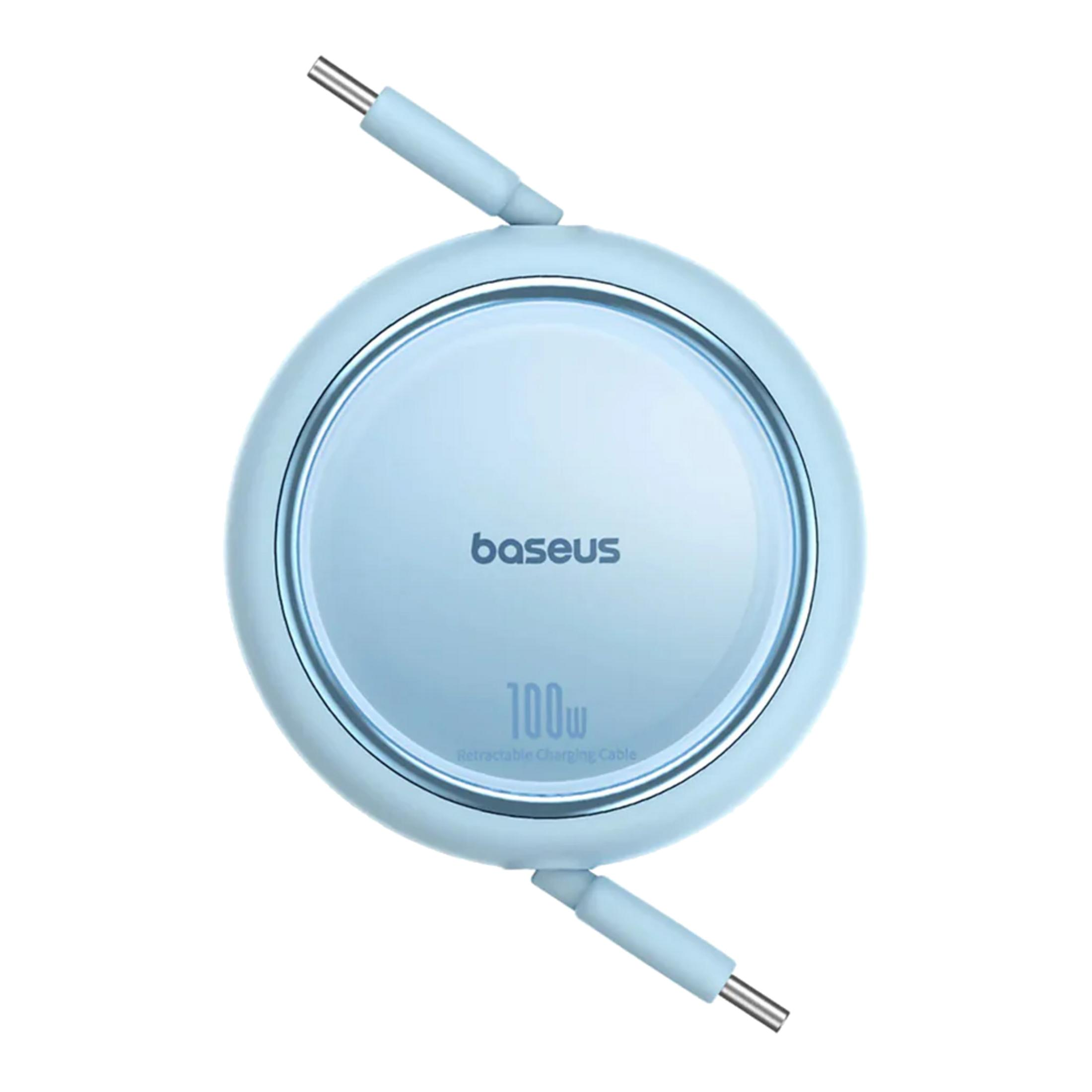 Custodia rotonda azzurra con logo Baseus e scritta 100W.