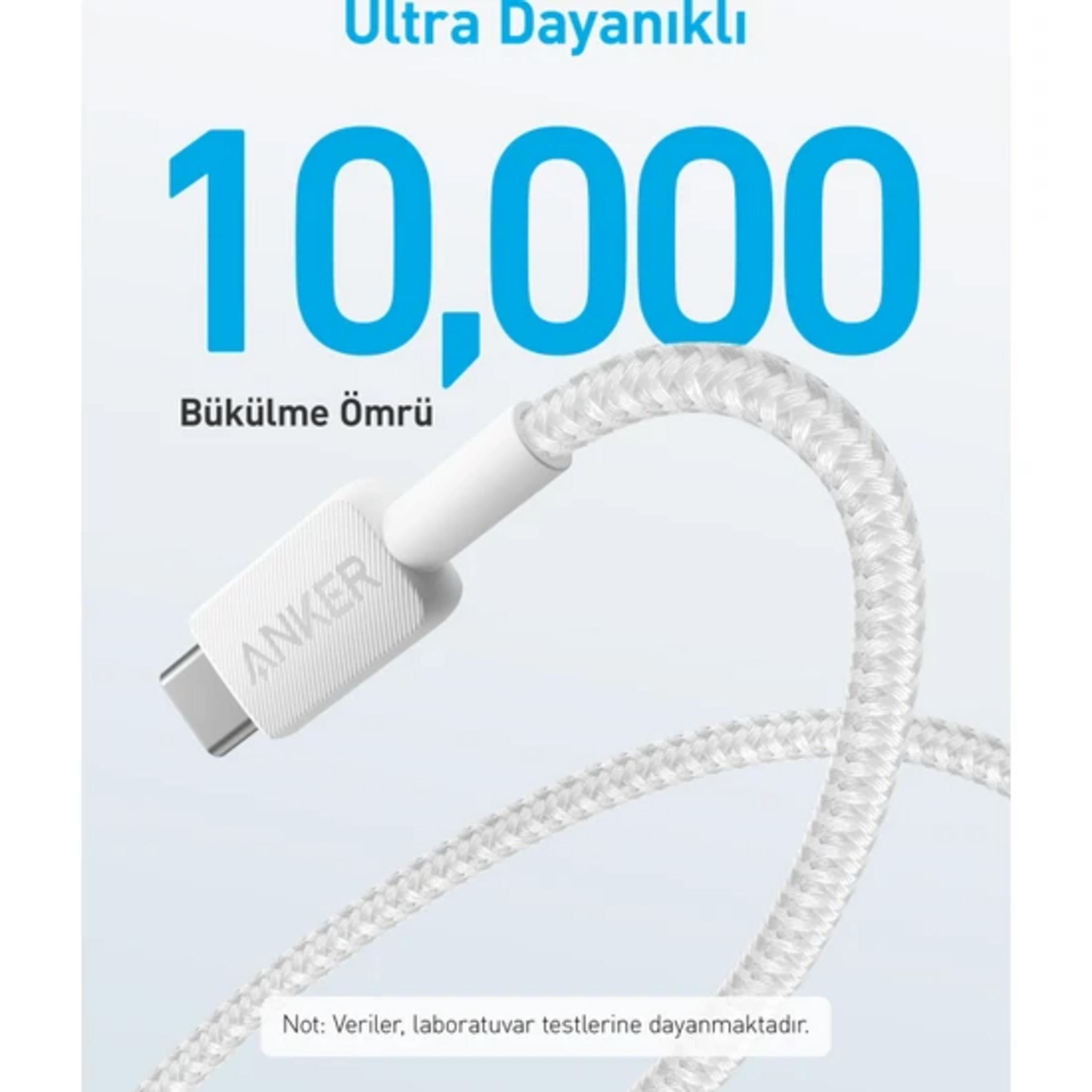 Cavo USB-C Anker 10.000 pieghe, bianco, con rivestimento in tessuto intrecciato.