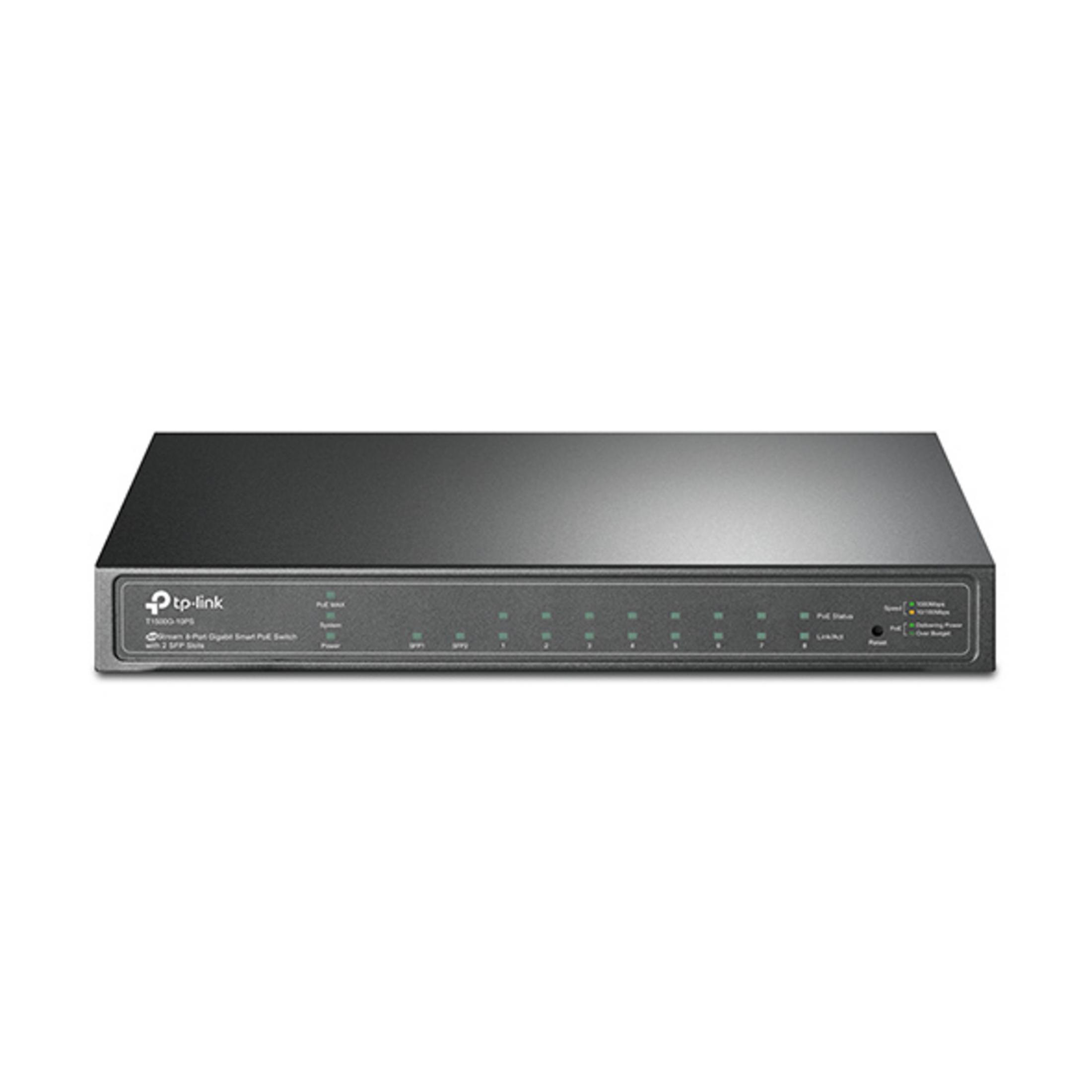 Uno switch TP-Link Gigabit Smart PoE nero con LED e porte.