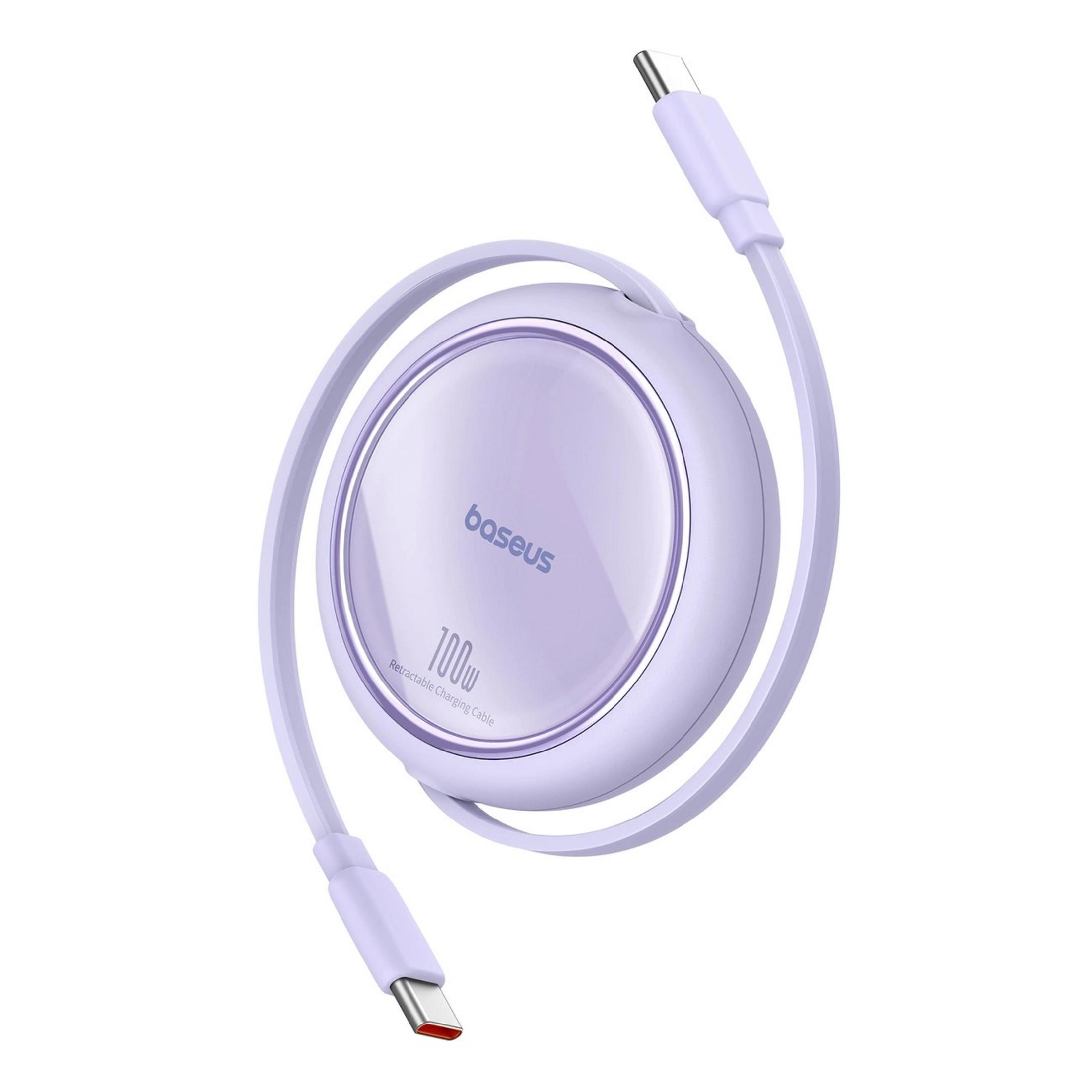Ein lilafarbener, einziehbarer Ladekabel-Aufwickler mit USB-C-Anschlüssen.