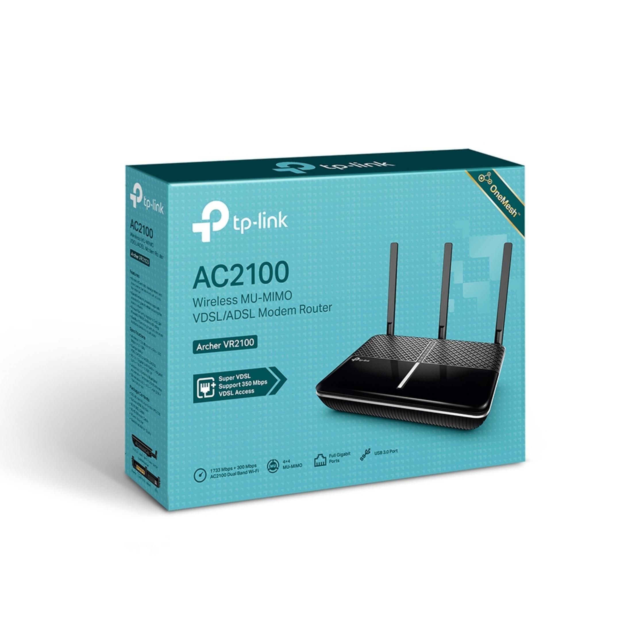 TP-Link AC2100 Modem Router in Verpackung mit Antennen und Anschlüssen.